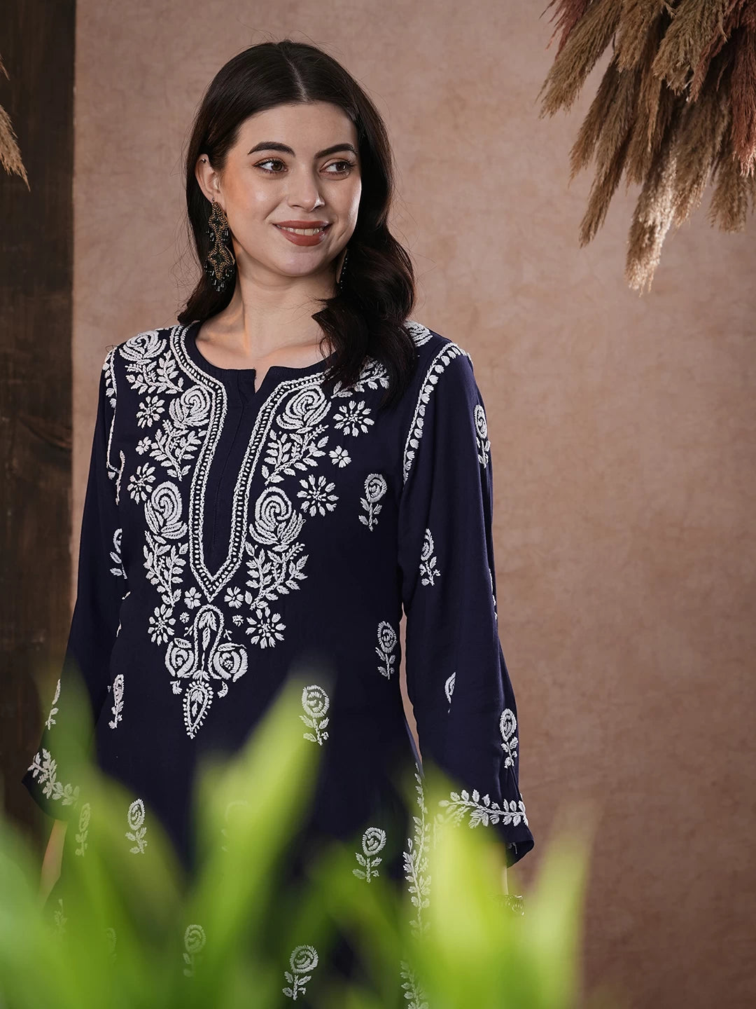 Ada Hand Embroidered Navy Blue Rayon Lucknowi Chikankari Straight Kurta A411538