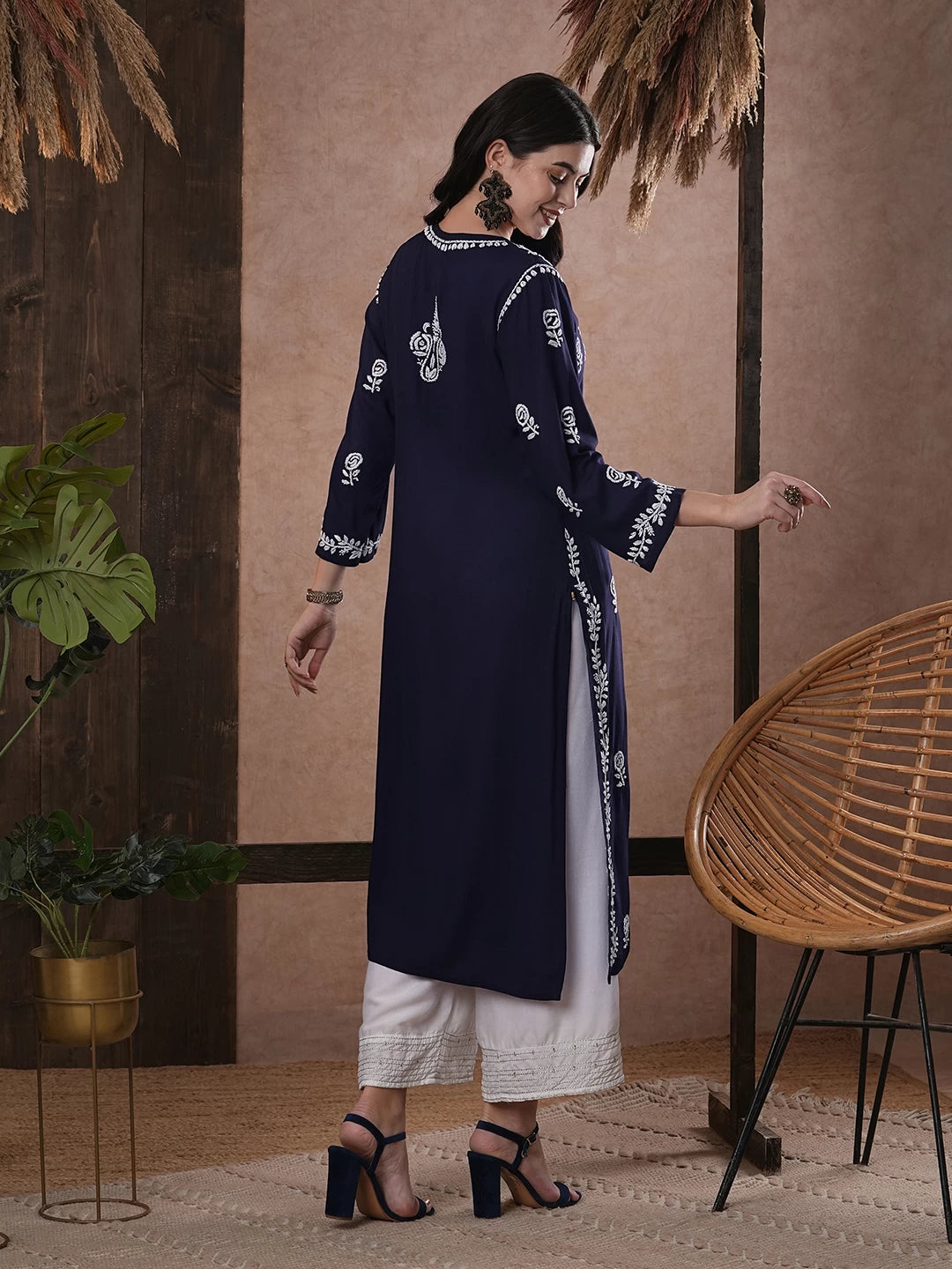 Ada Hand Embroidered Navy Blue Rayon Lucknowi Chikankari Straight Kurta A411538