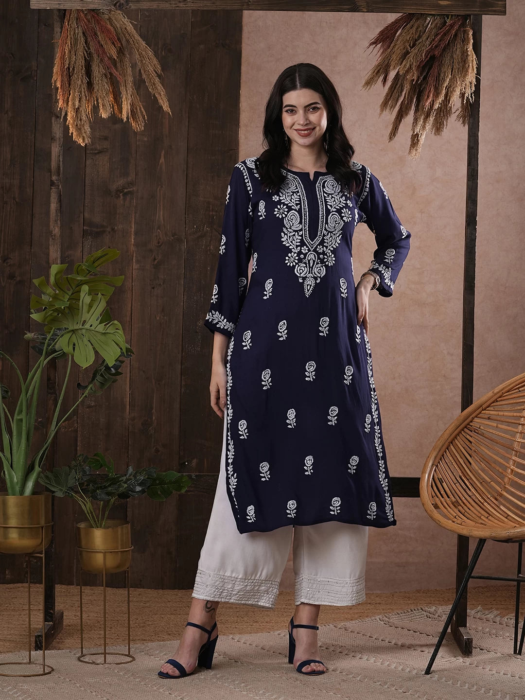 Ada Hand Embroidered Navy Blue Rayon Lucknowi Chikankari Straight Kurta A411538