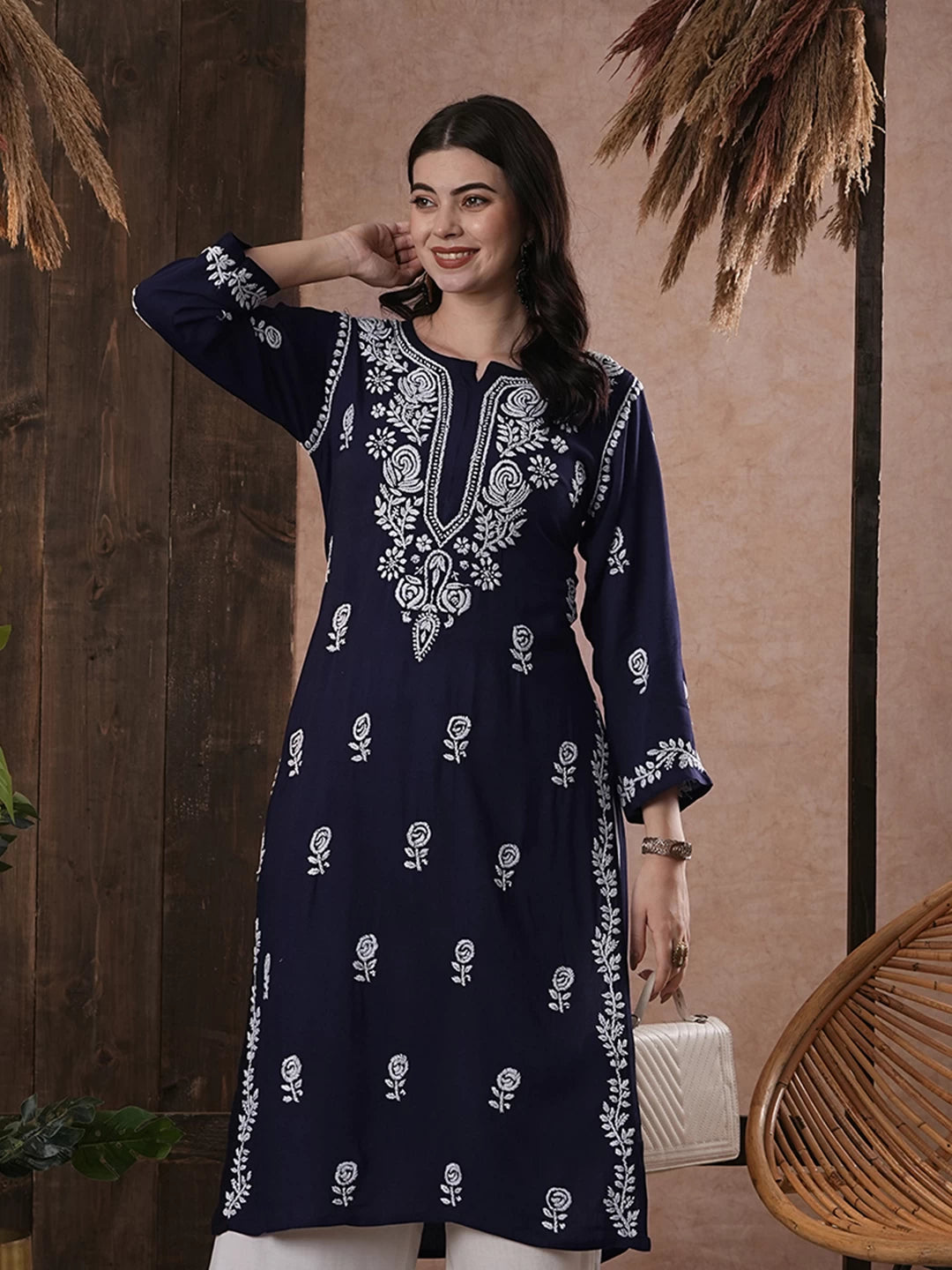 Ada Hand Embroidered Navy Blue Rayon Lucknowi Chikankari Straight Kurta A411538