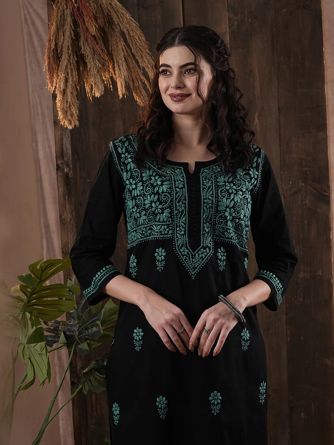 Ada Hand Embroidered Black Cotton Lucknow Chikan Straight Kurta A420426