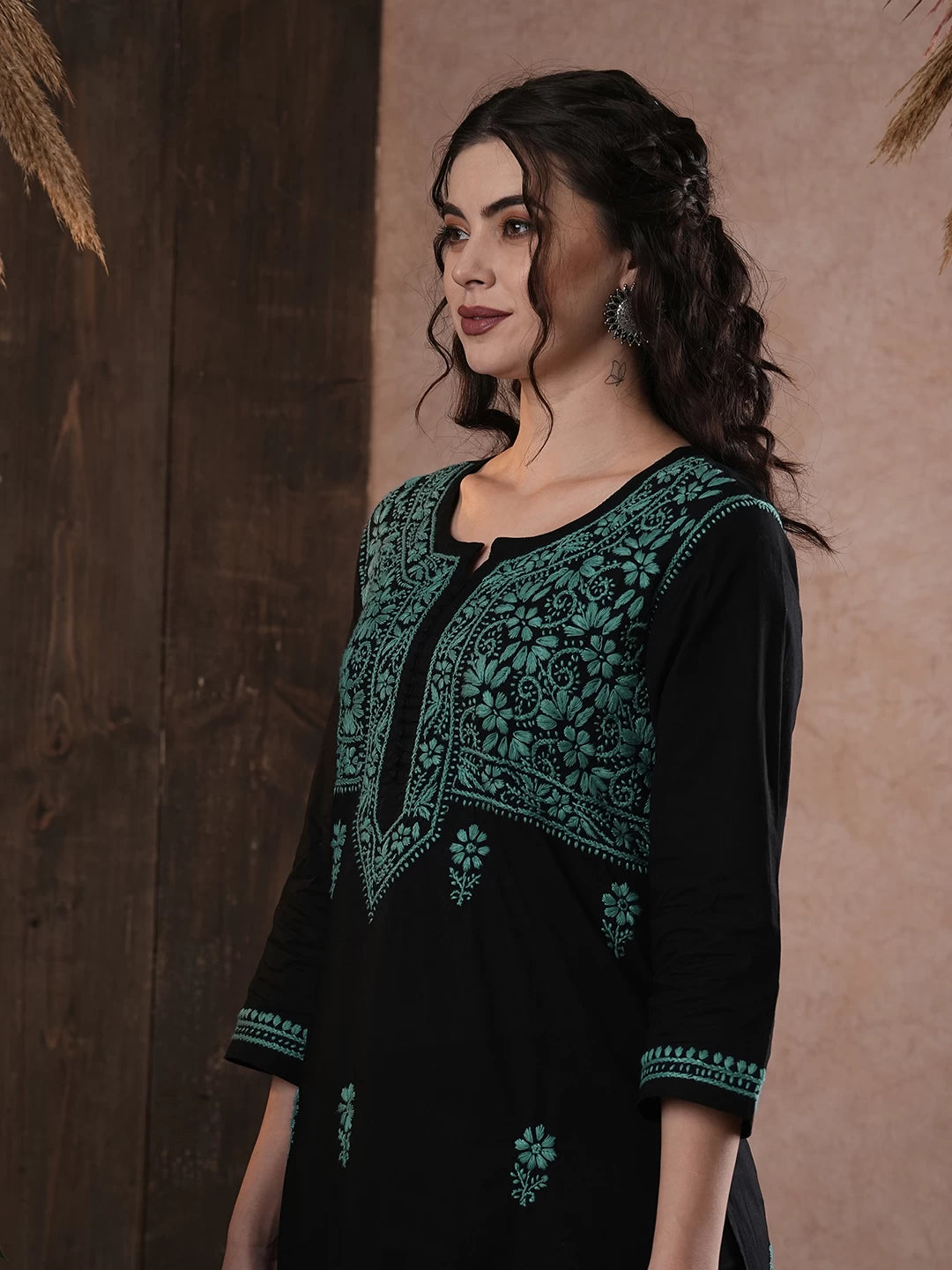 Ada Hand Embroidered Black Cotton Lucknow Chikan Straight Kurta A420426