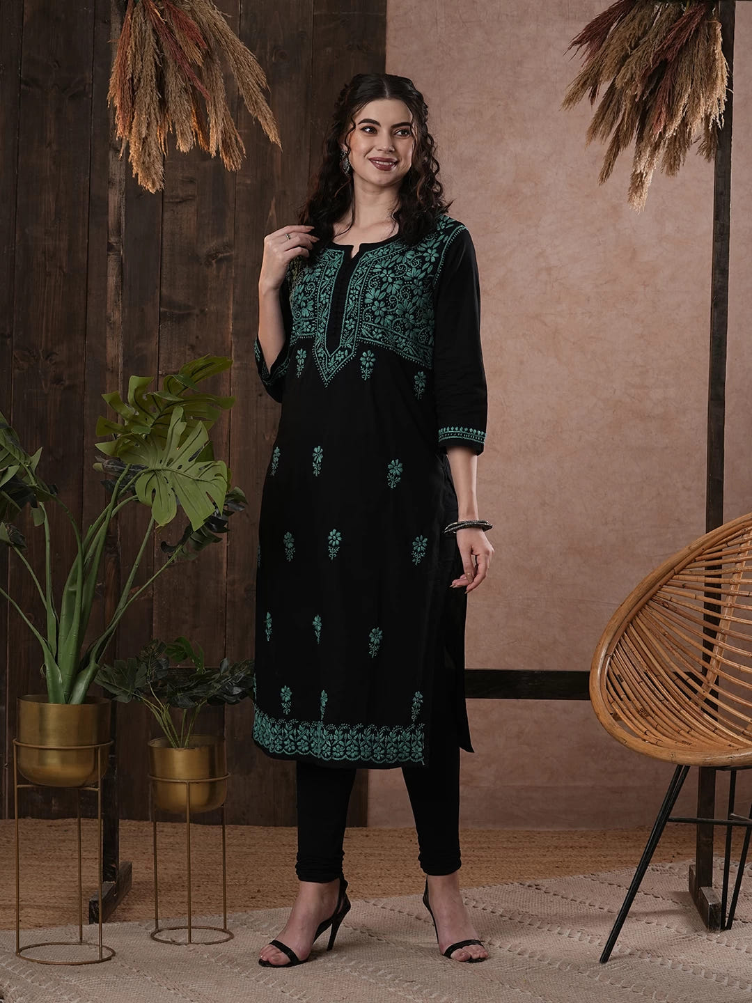 Ada Hand Embroidered Black Cotton Lucknow Chikan Straight Kurta A420426