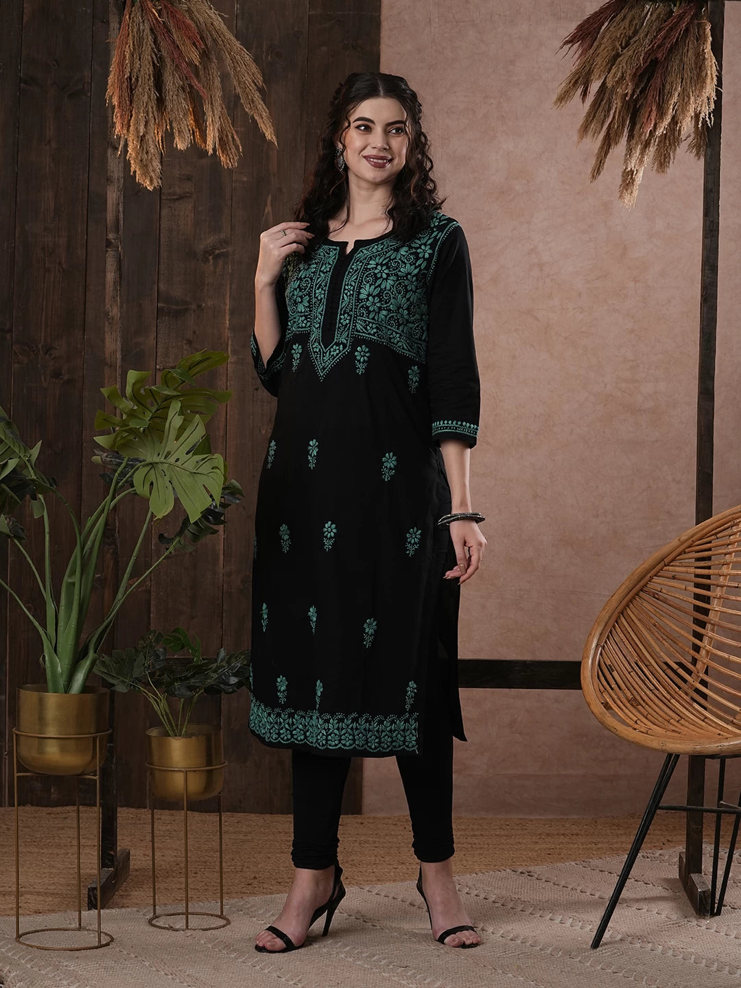 Ada Hand Embroidered Black Cotton Lucknow Chikan Straight Kurta A420426