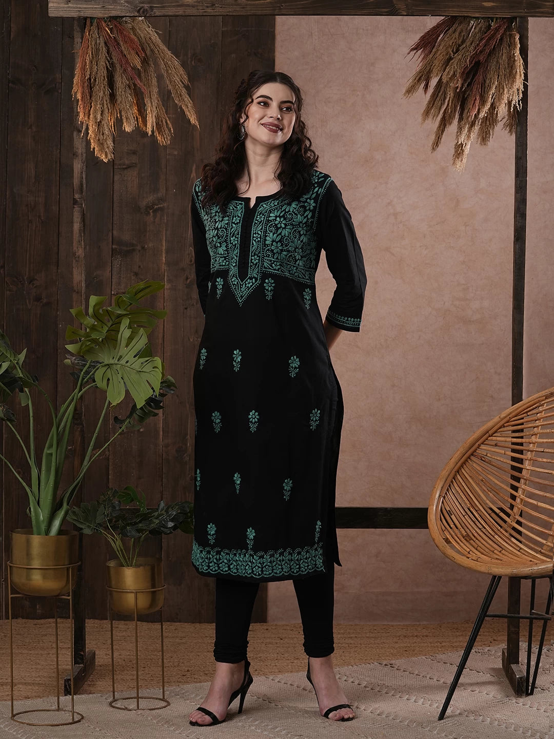 Ada Hand Embroidered Black Cotton Lucknow Chikan Straight Kurta A420426