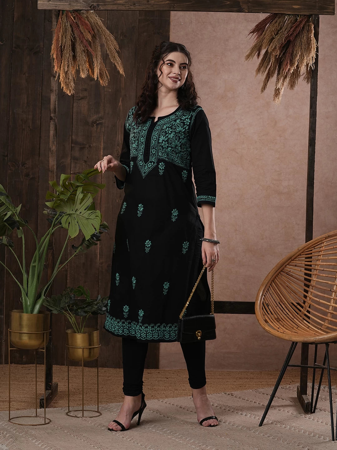 Ada Hand Embroidered Black Cotton Lucknow Chikan Straight Kurta A420426