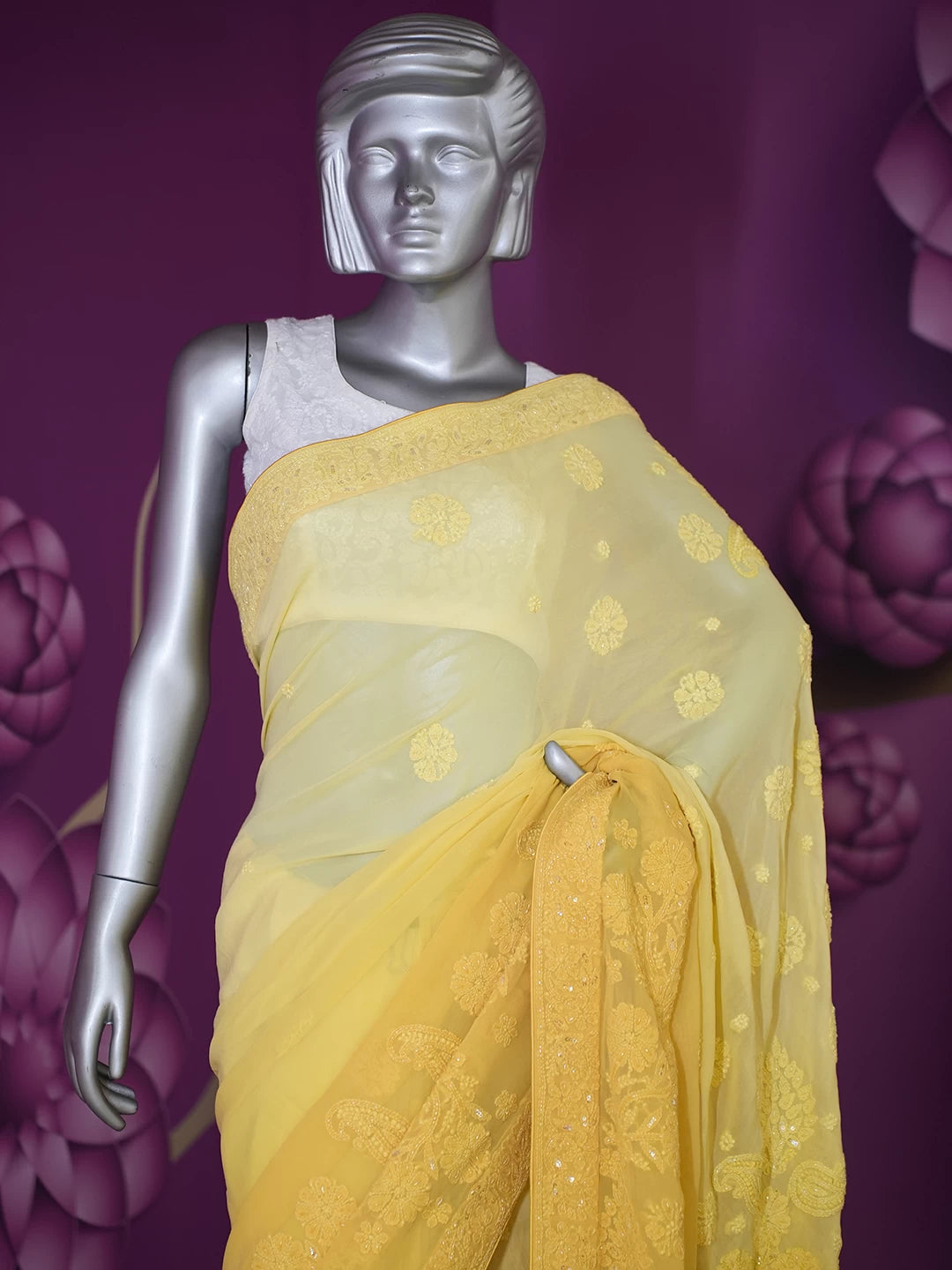 Ada Hand Embroidered Ombre Shade Yellow/Mustard  Viscose Georgette Lucknowi Chikankari Saree and Blouse With Sequinned Work 01A342138