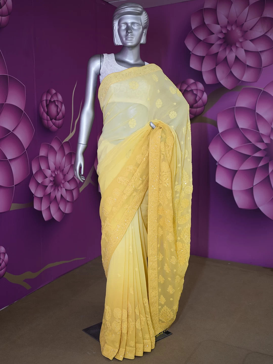 Ada Hand Embroidered Ombre Shade Yellow/Mustard  Viscose Georgette Lucknowi Chikankari Saree and Blouse With Sequinned Work 01A342138