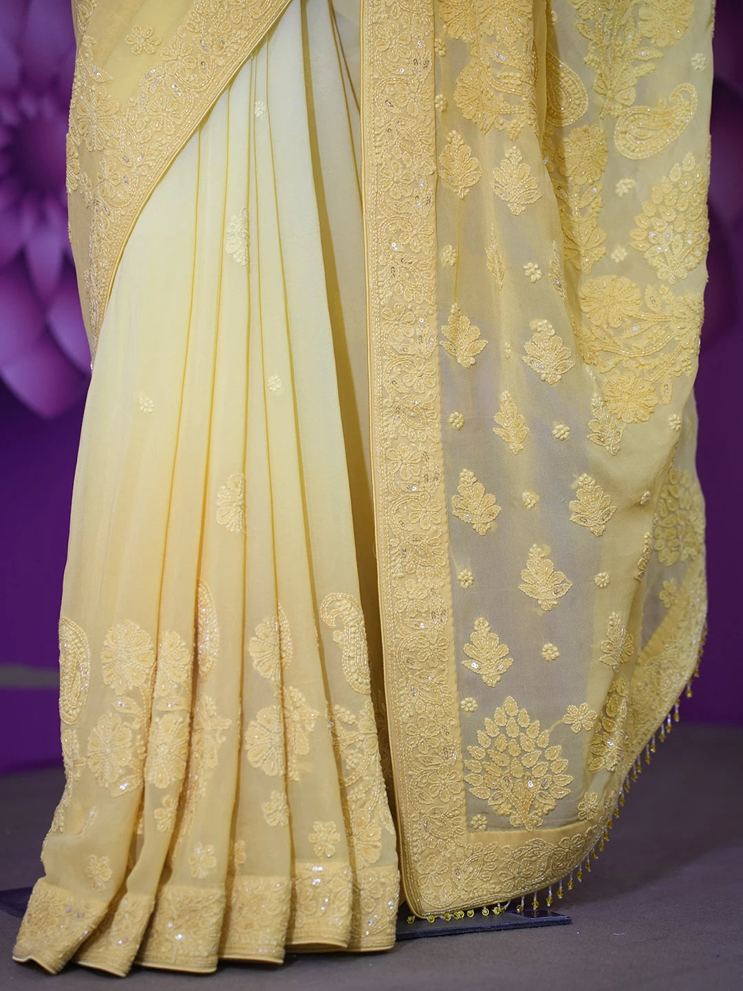 Ada Hand Embroidered Ombre Shade Yellow/Mustard  Viscose Georgette Lucknowi Chikankari Saree and Blouse With Sequinned Work 01A342138