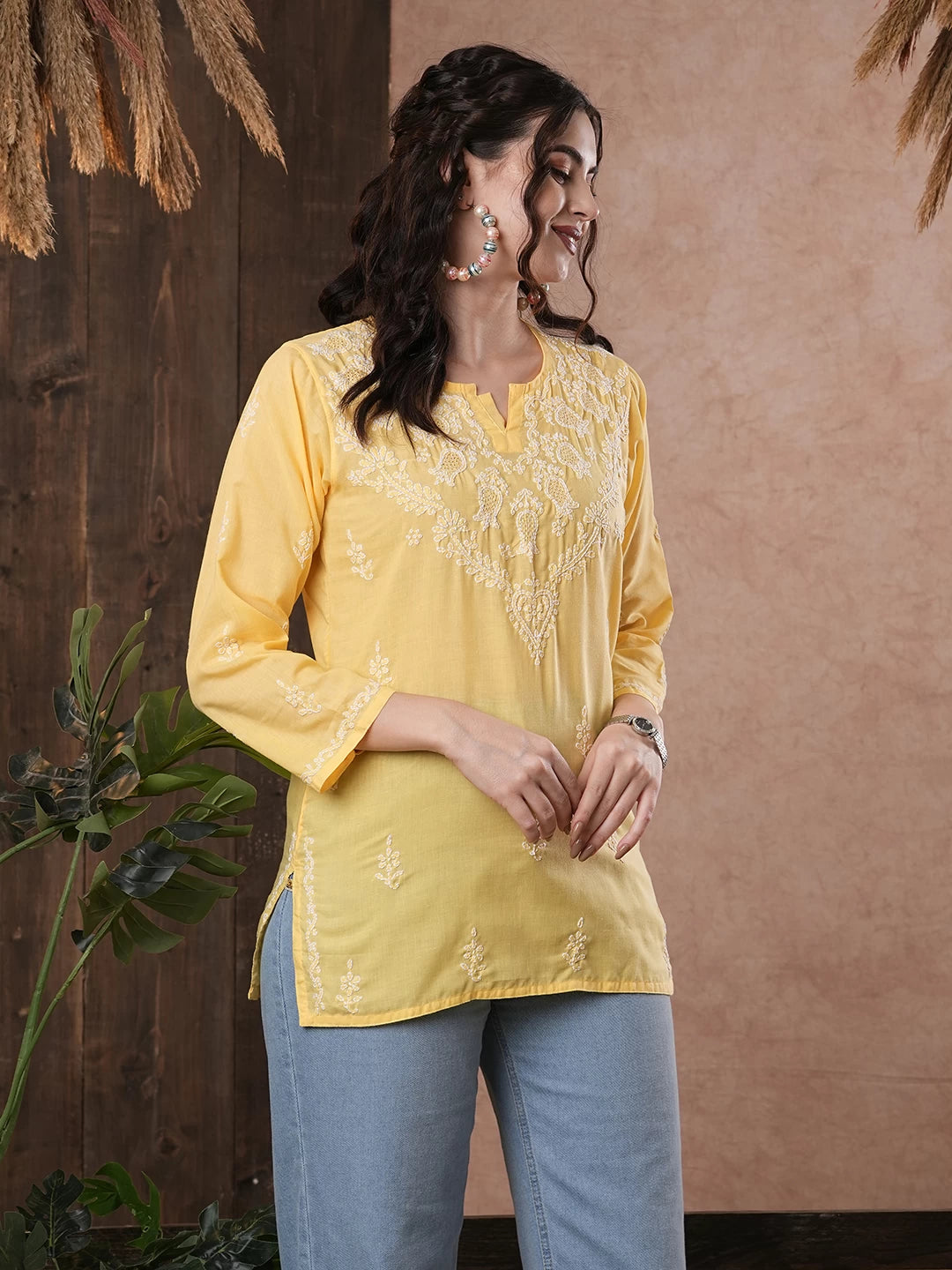 Ada Hand Embroidered Yellow Cotton Lucknowi Chikankari Straight Kurti A509732