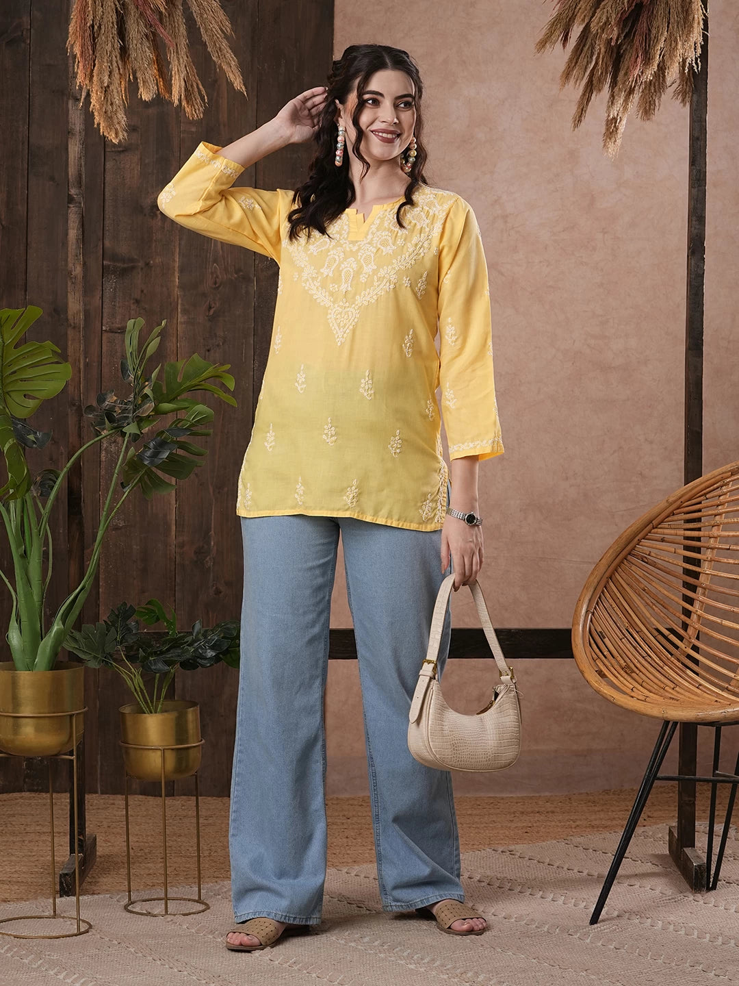 Ada Hand Embroidered Yellow Cotton Lucknowi Chikankari Straight Kurti A509732