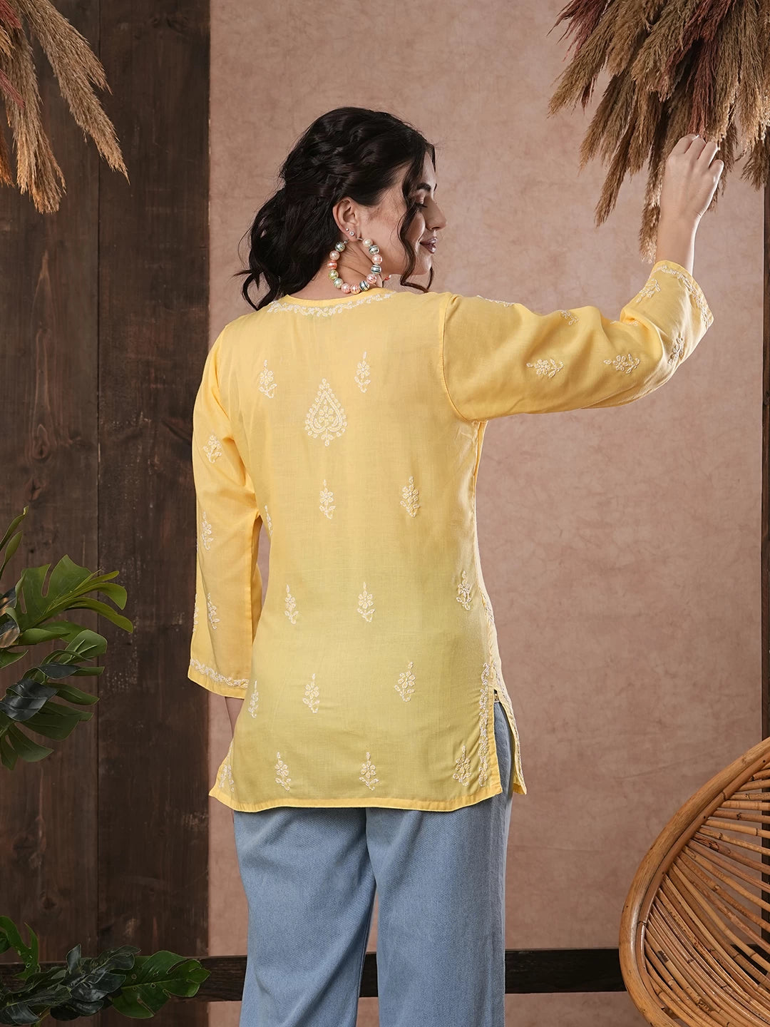 Ada Hand Embroidered Yellow Cotton Lucknowi Chikankari Straight Kurti A509732