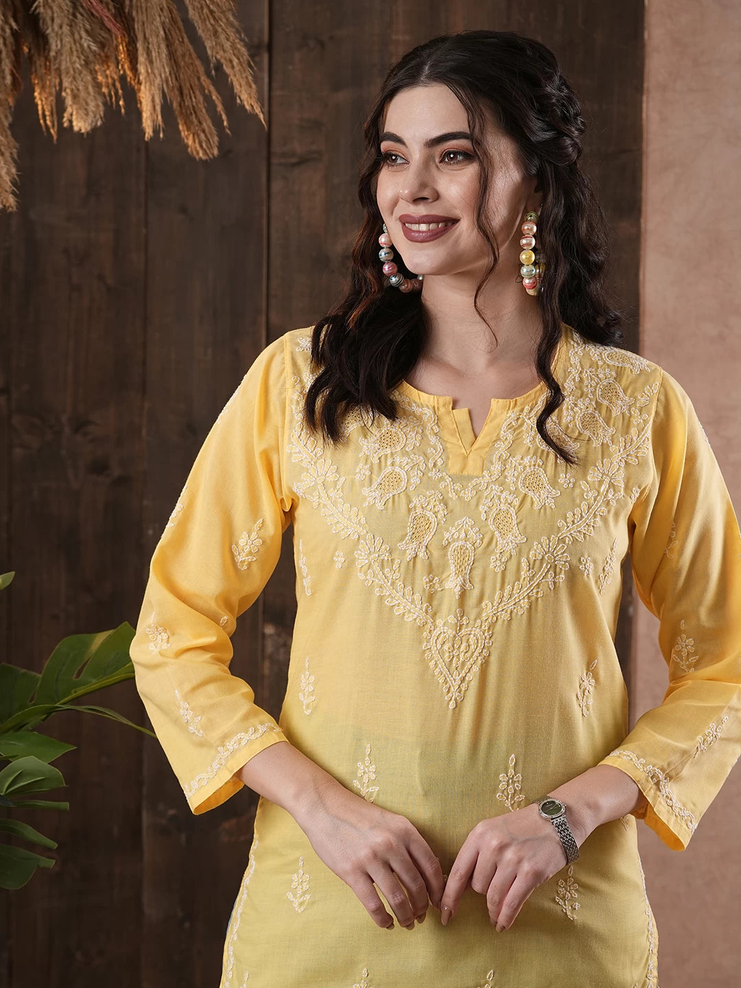 Ada Hand Embroidered Yellow Cotton Lucknowi Chikankari Straight Kurti A509732