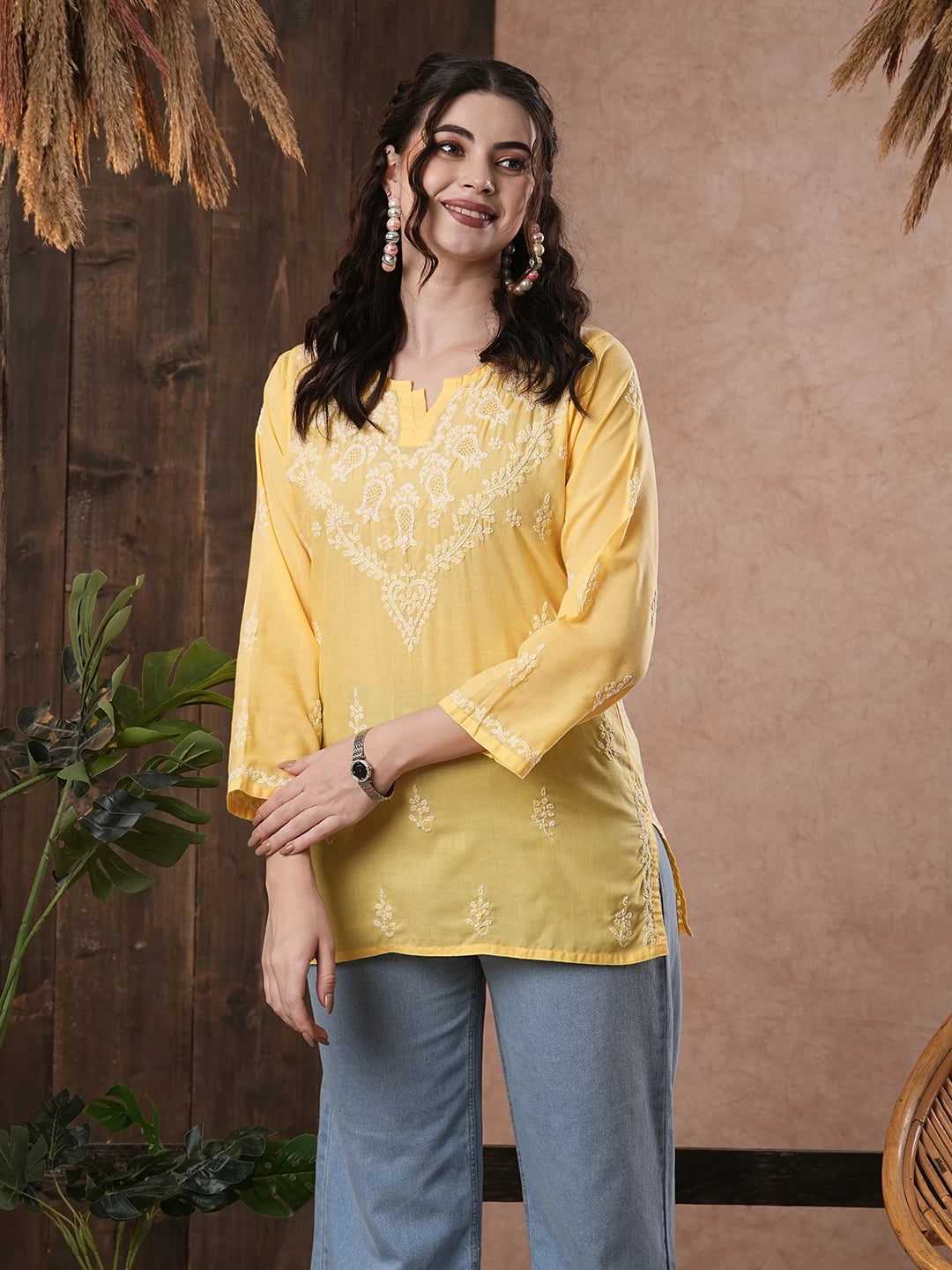 Ada Hand Embroidered Yellow Cotton Lucknowi Chikankari Straight Kurti A509732