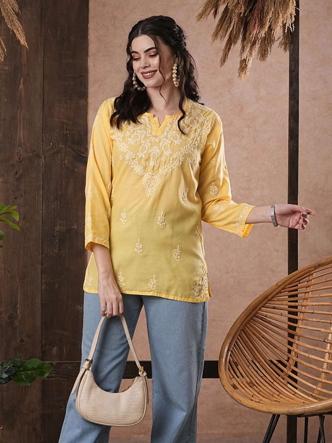 Ada Hand Embroidered Yellow Cotton Lucknowi Chikankari Straight Kurti A509732
