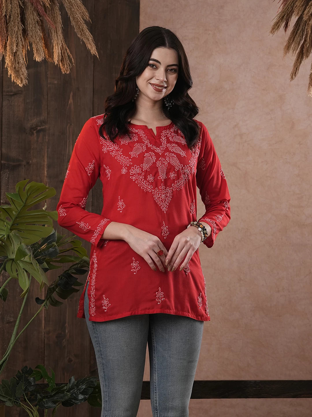 Ada Hand Embroidered Red Cotton Lucknow Chikankari Kurti A534580
