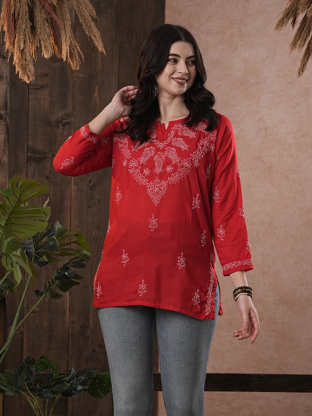 Ada Hand Embroidered Red Cotton Lucknow Chikankari Kurti A534580