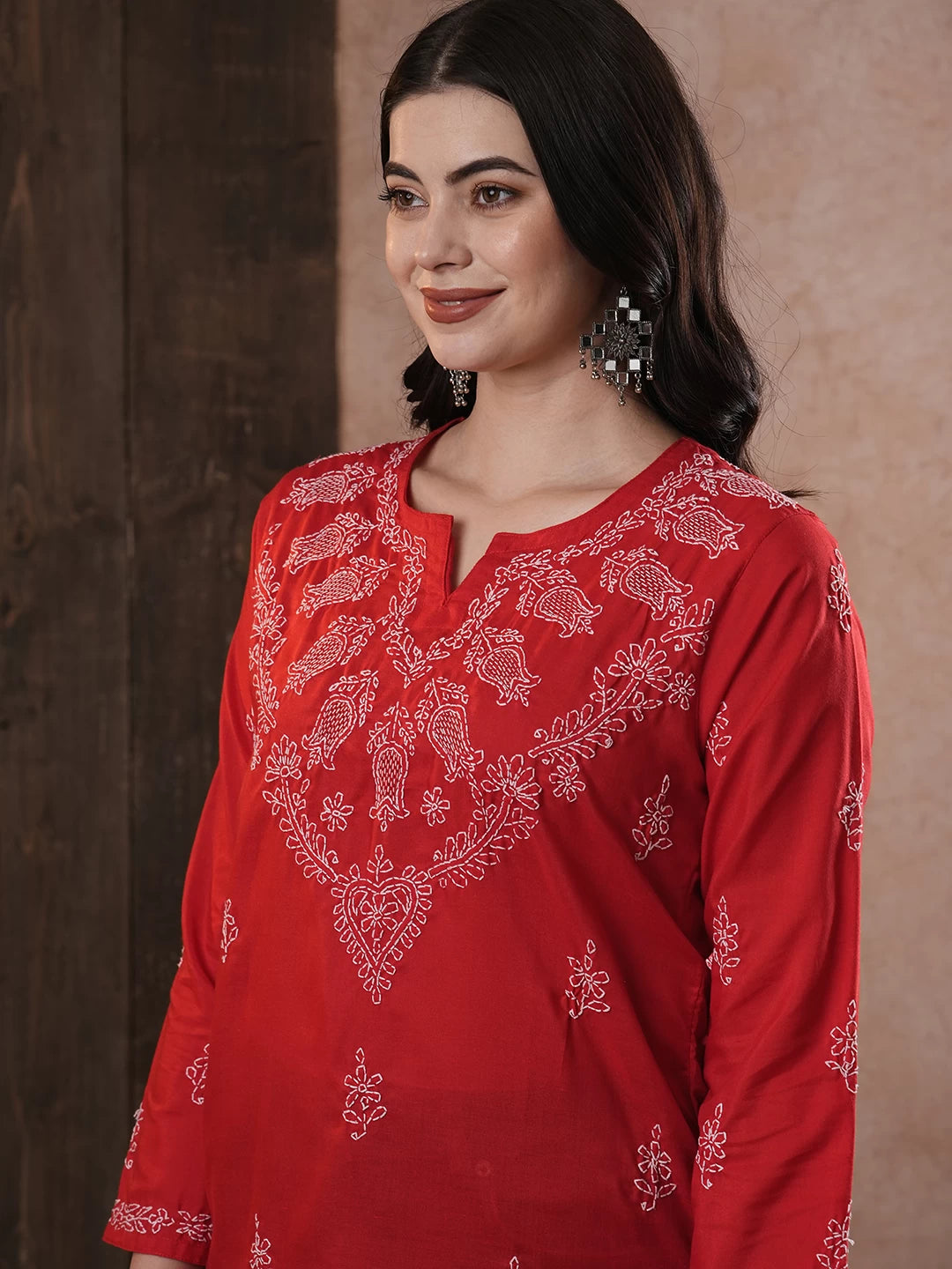 Ada Hand Embroidered Red Cotton Lucknow Chikankari Kurti A534580