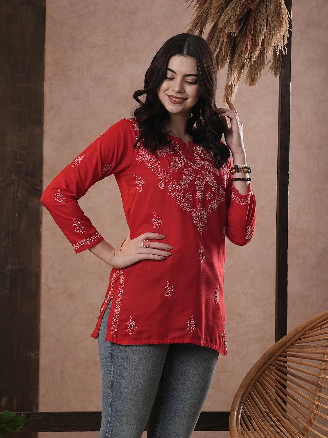Ada Hand Embroidered Red Cotton Lucknow Chikankari Kurti A534580