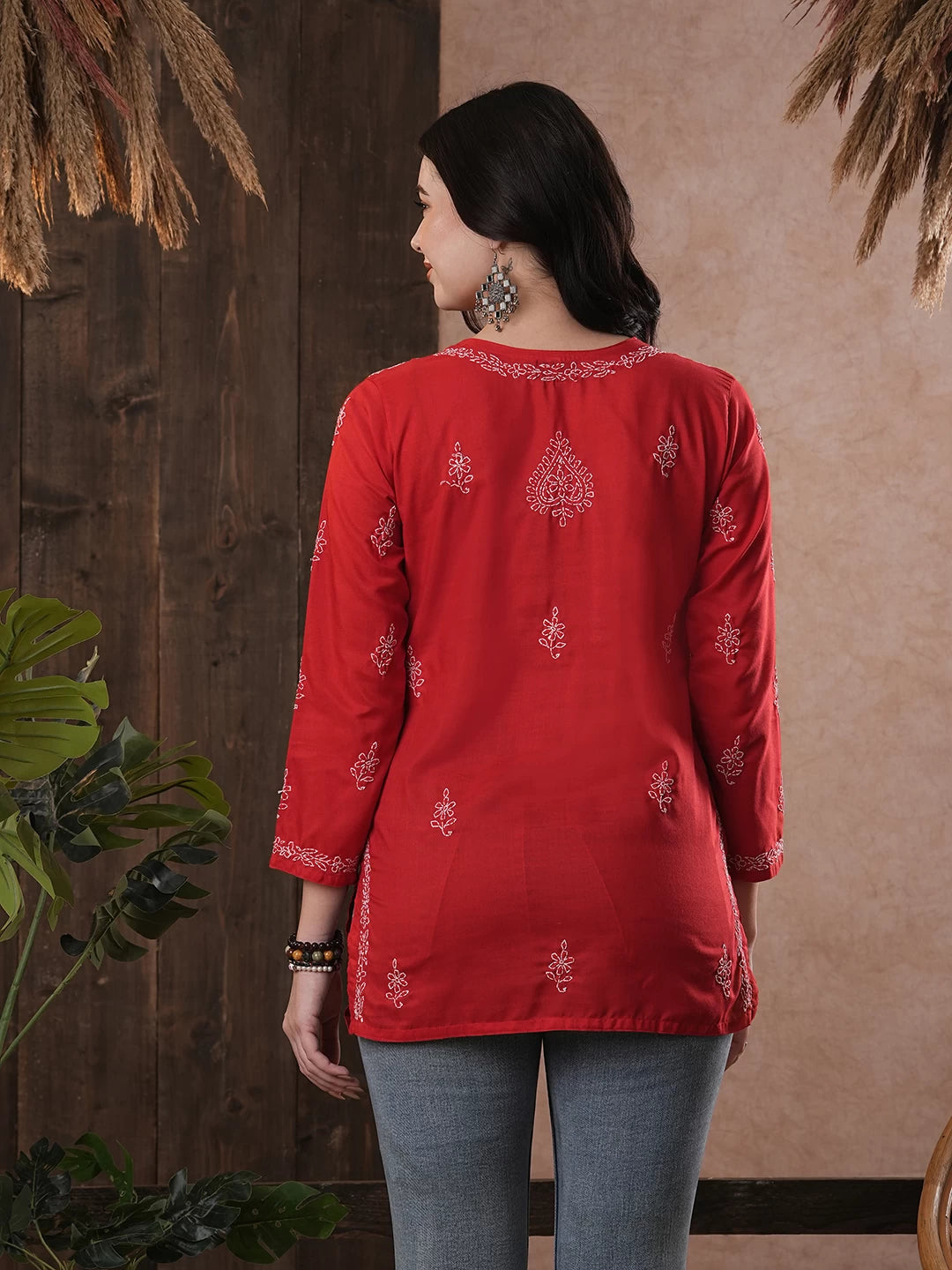 Ada Hand Embroidered Red Cotton Lucknow Chikankari Kurti A534580