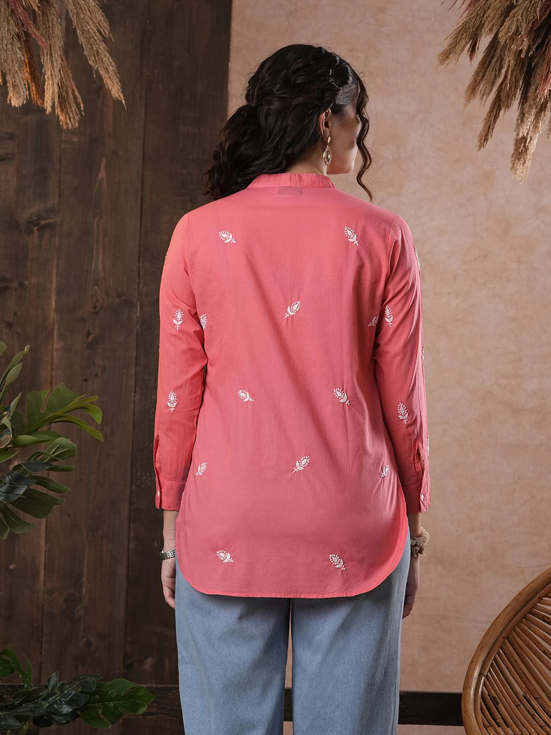 Ada Hand Embroidered Carrot Pink Cotton Lucknowi Chikankari Shirt A911391