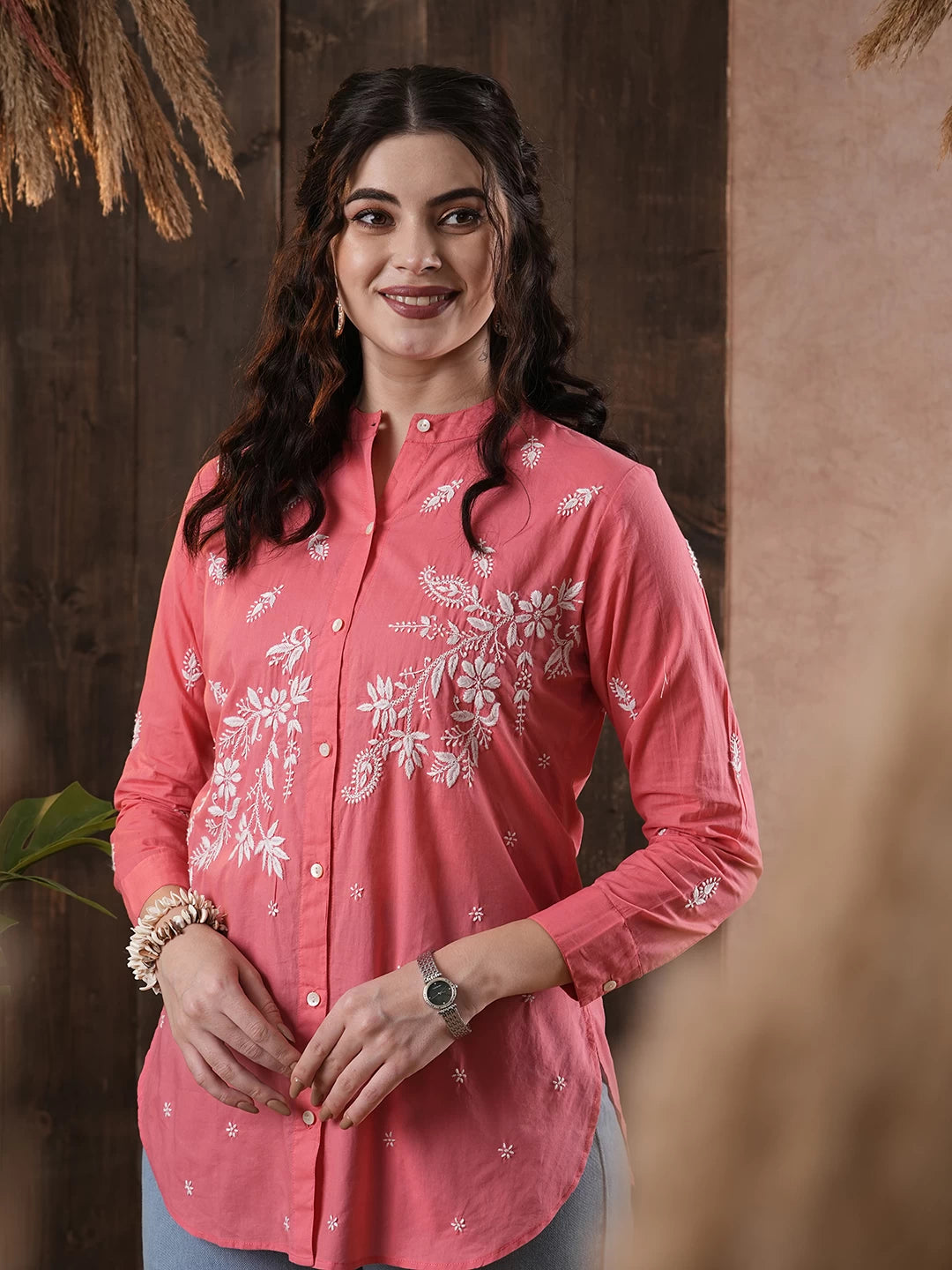 Ada Hand Embroidered Carrot Pink Cotton Lucknowi Chikankari Shirt A911391