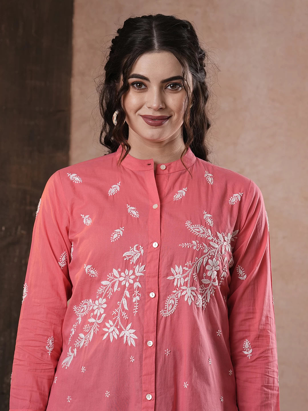 Ada Hand Embroidered Carrot Pink Cotton Lucknowi Chikankari Shirt A911391
