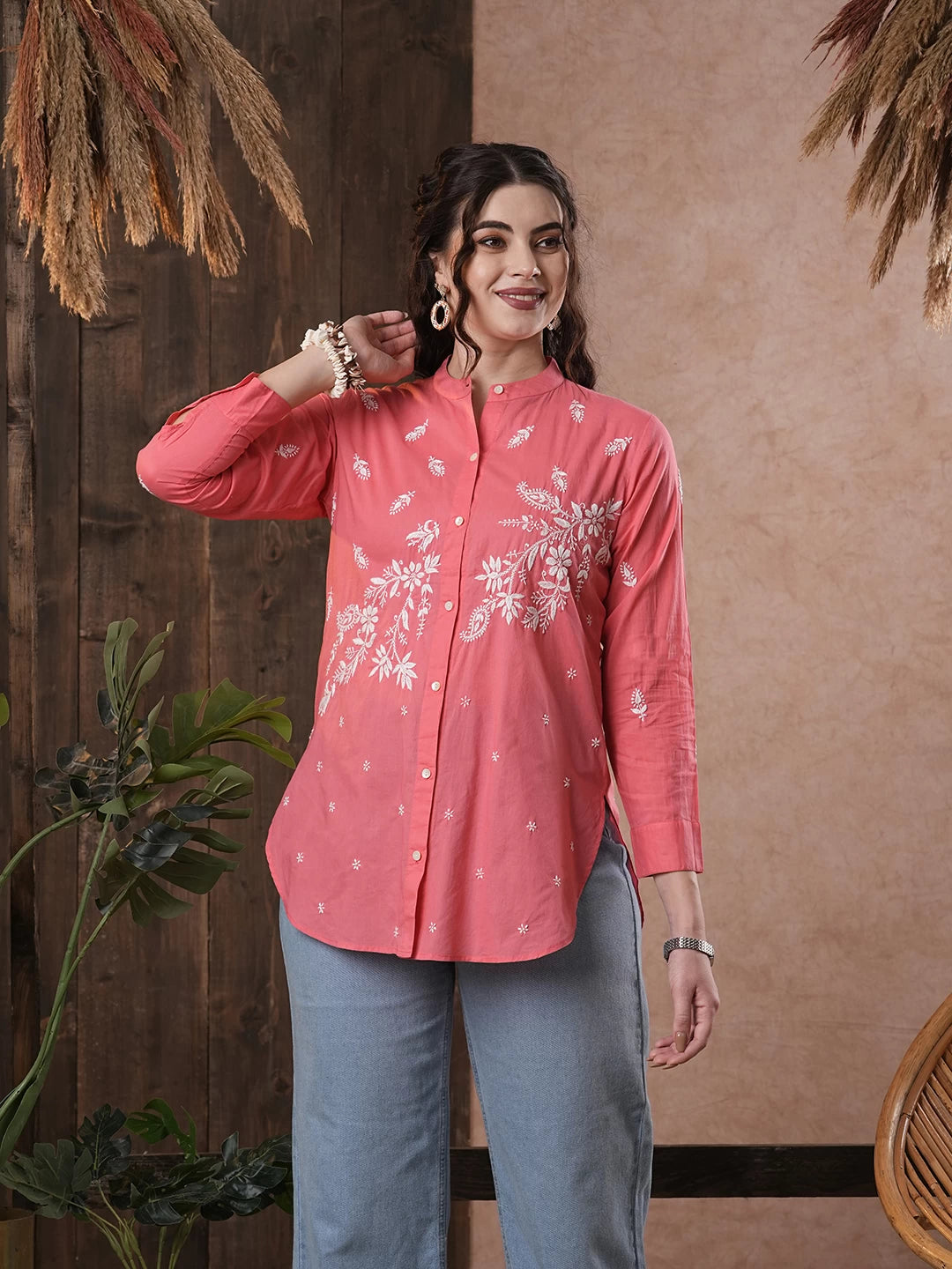 Ada Hand Embroidered Carrot Pink Cotton Lucknowi Chikankari Shirt A911391