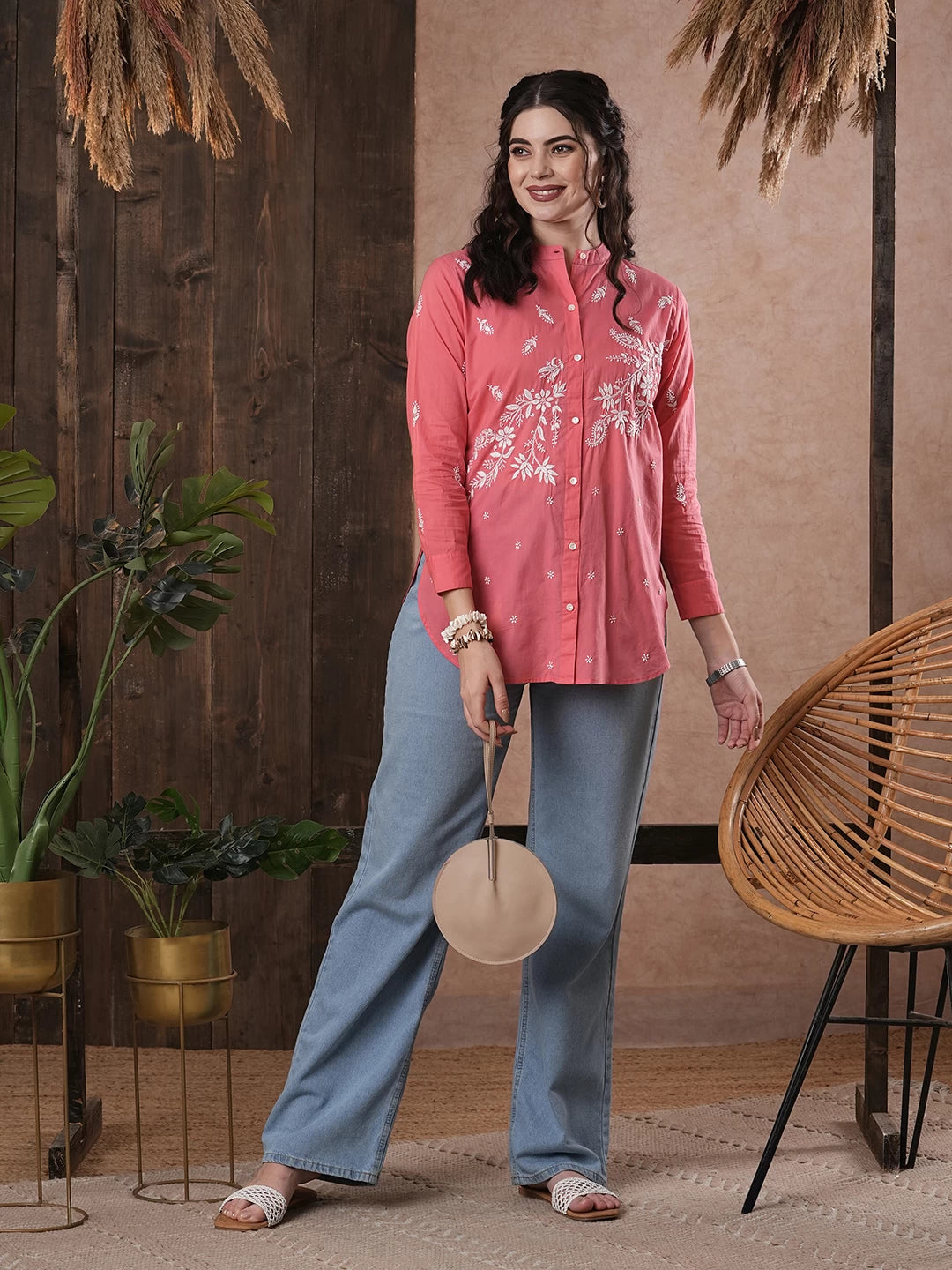 Ada Hand Embroidered Carrot Pink Cotton Lucknowi Chikankari Shirt A911391