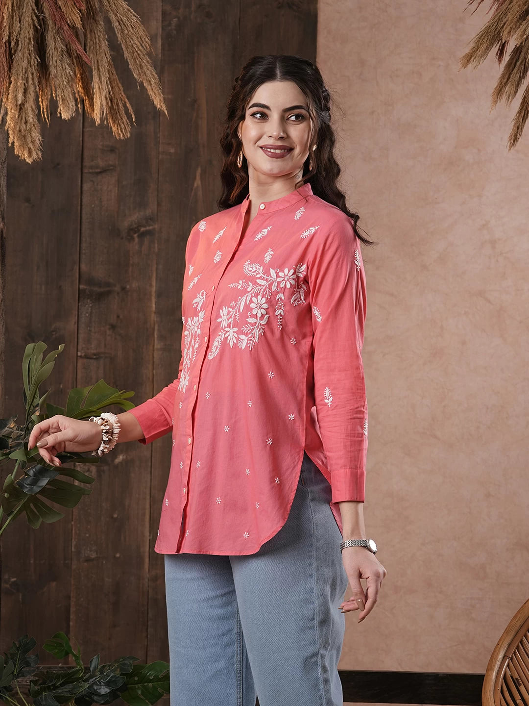 Ada Hand Embroidered Carrot Pink Cotton Lucknowi Chikankari Shirt A911391