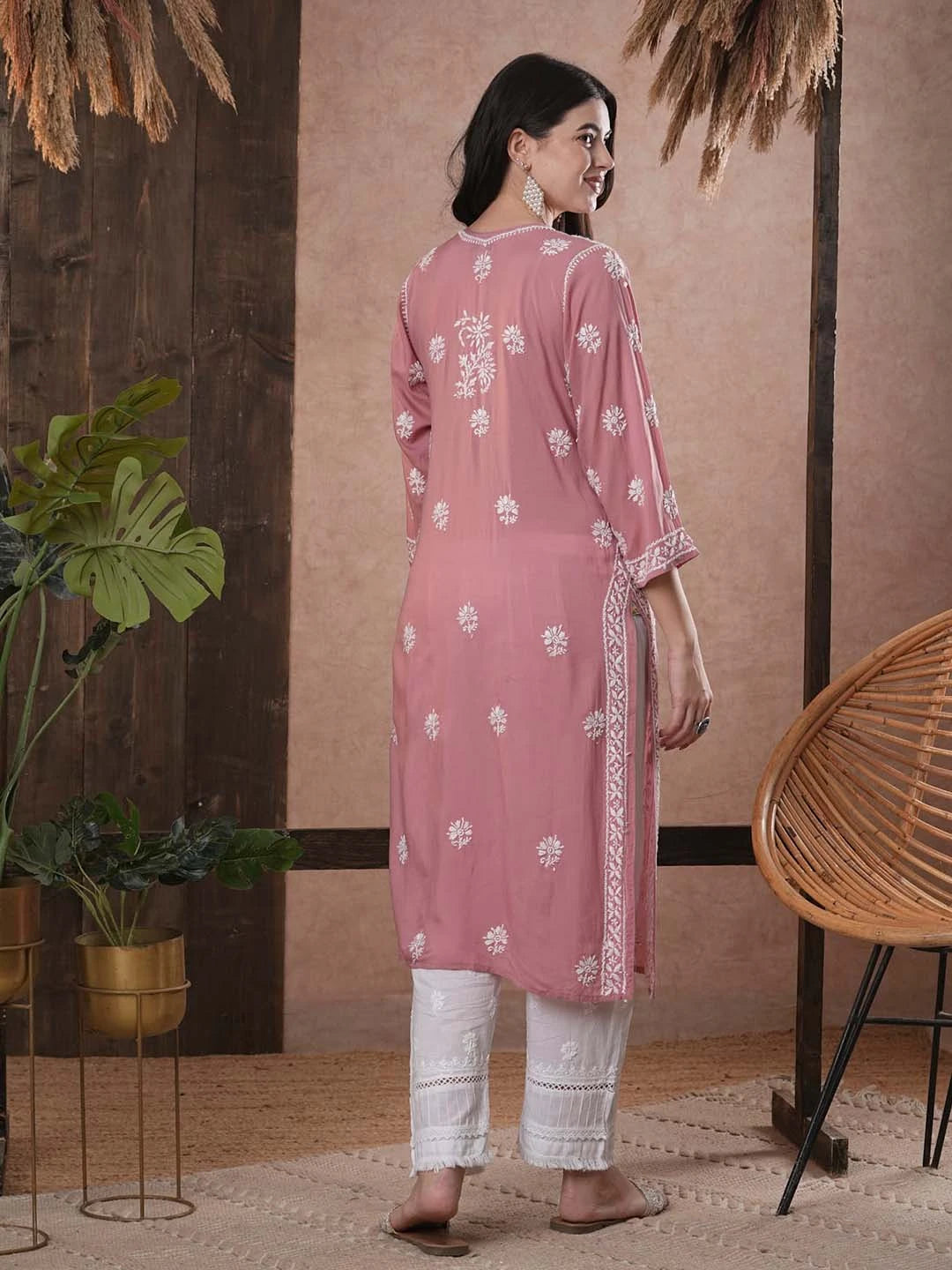 Ada Hand Embroidered Dusty Pink Modal Lucknowi Chikankari Straight Kurta A411552