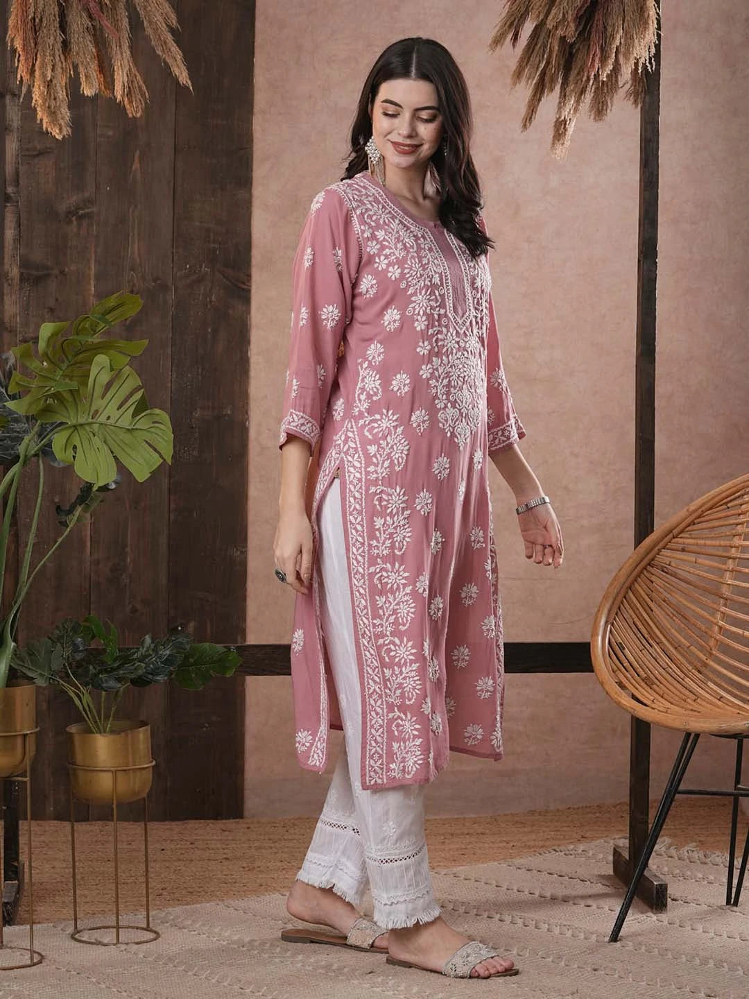 Ada Hand Embroidered Dusty Pink Modal Lucknowi Chikankari Straight Kurta A411552