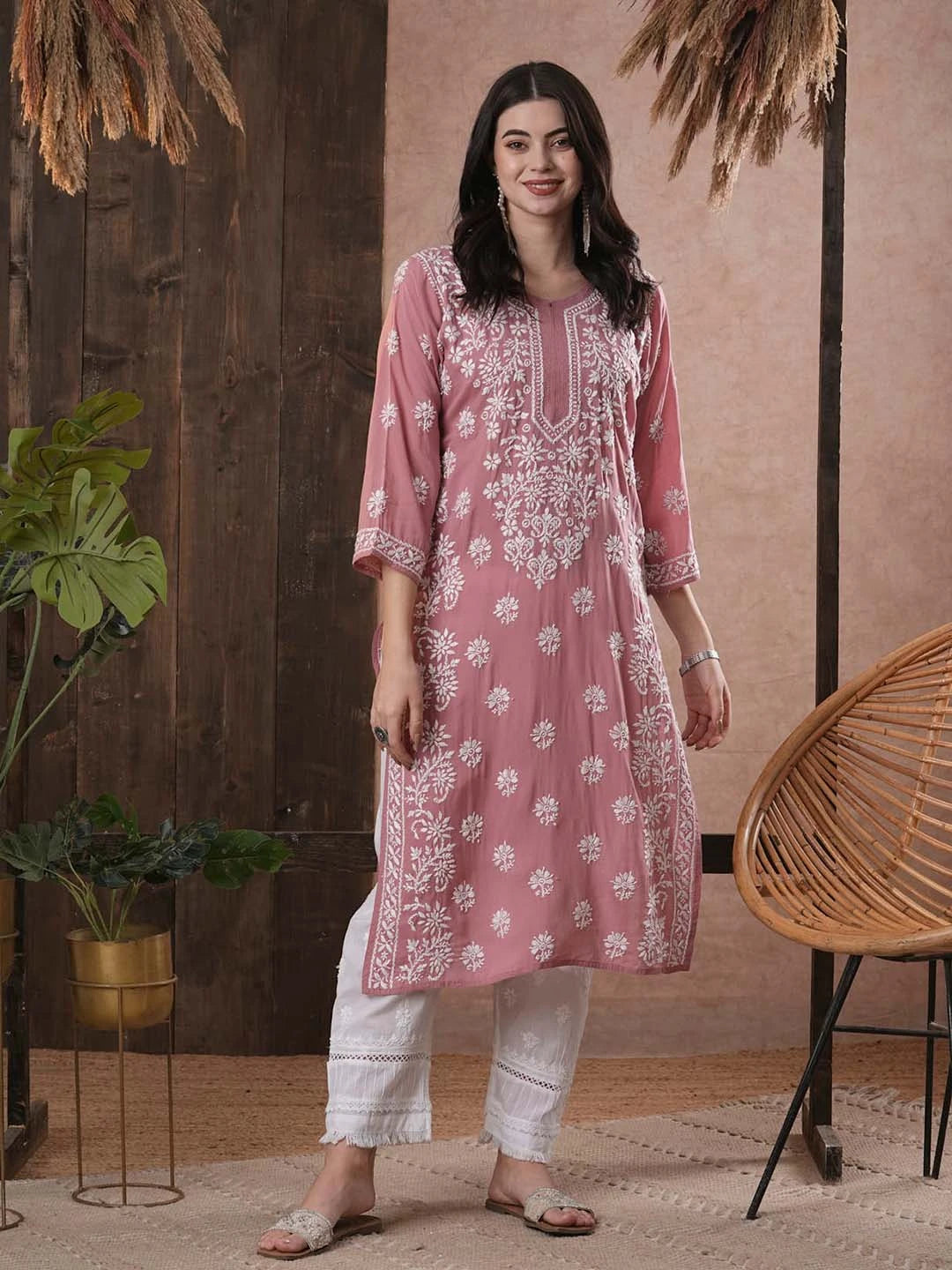 Ada Hand Embroidered Dusty Pink Modal Lucknowi Chikankari Straight Kurta A411552