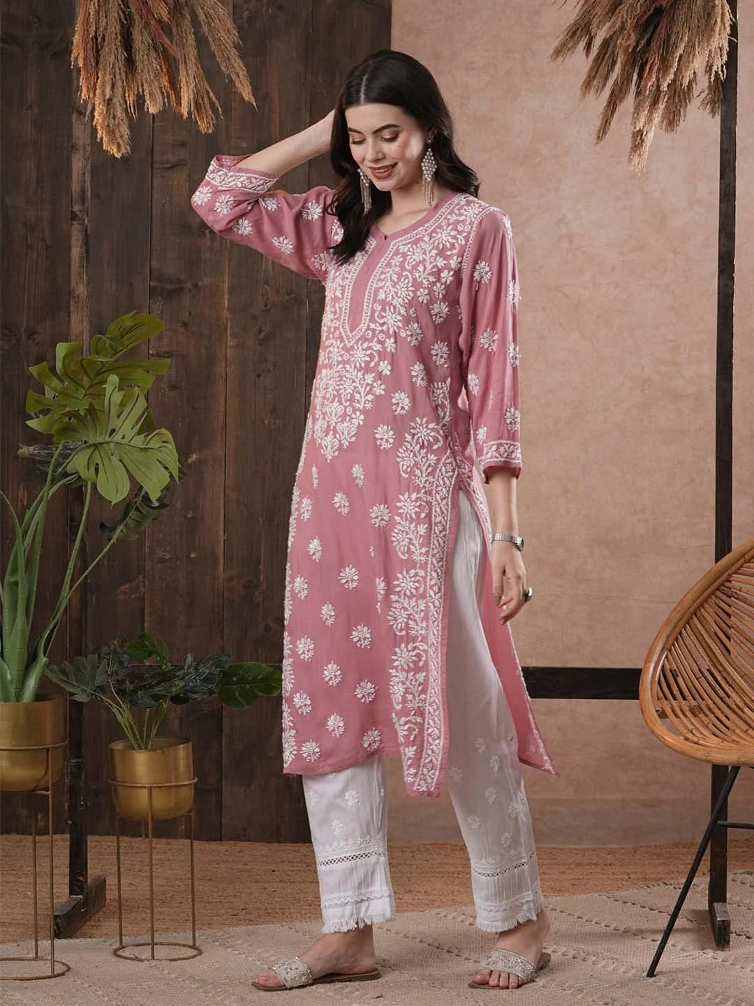 Ada Hand Embroidered Dusty Pink Modal Lucknowi Chikankari Straight Kurta A411552