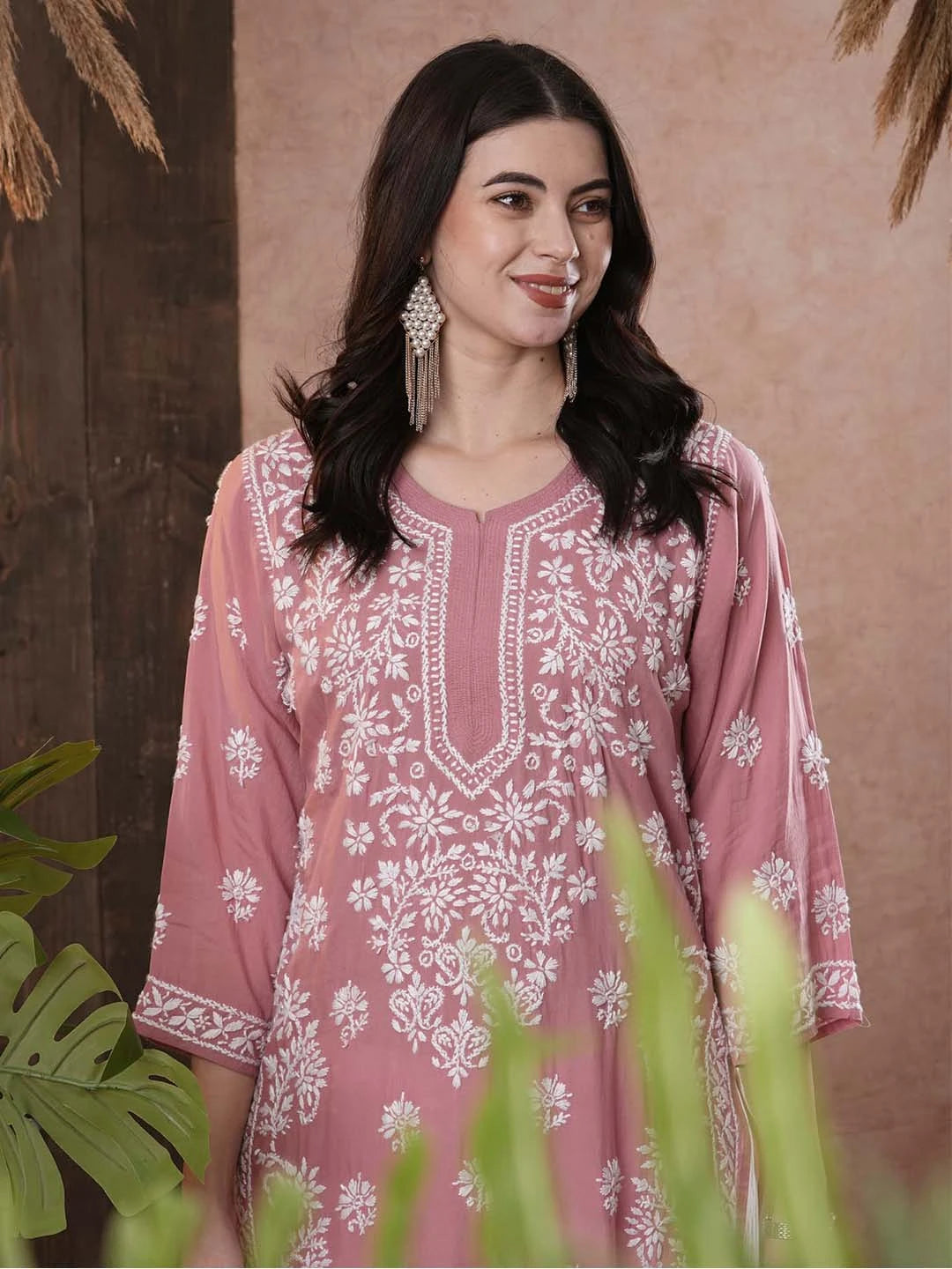 Ada Hand Embroidered Dusty Pink Modal Lucknowi Chikankari Straight Kurta A411552