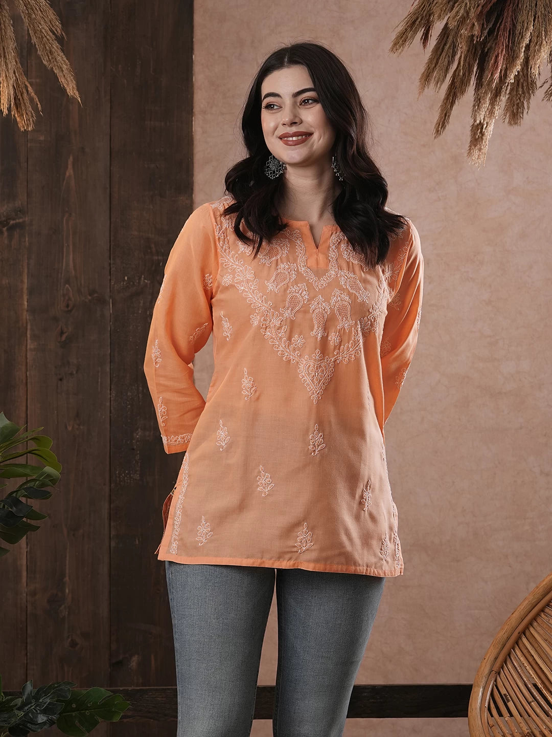 Ada Hand Embroidered Salmon Peach Cotton Lucknowi Chikankari Short Kurti A510184