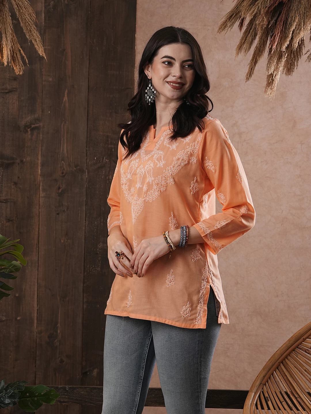 Ada Hand Embroidered Salmon Peach Cotton Lucknowi Chikankari Short Kurti A510184