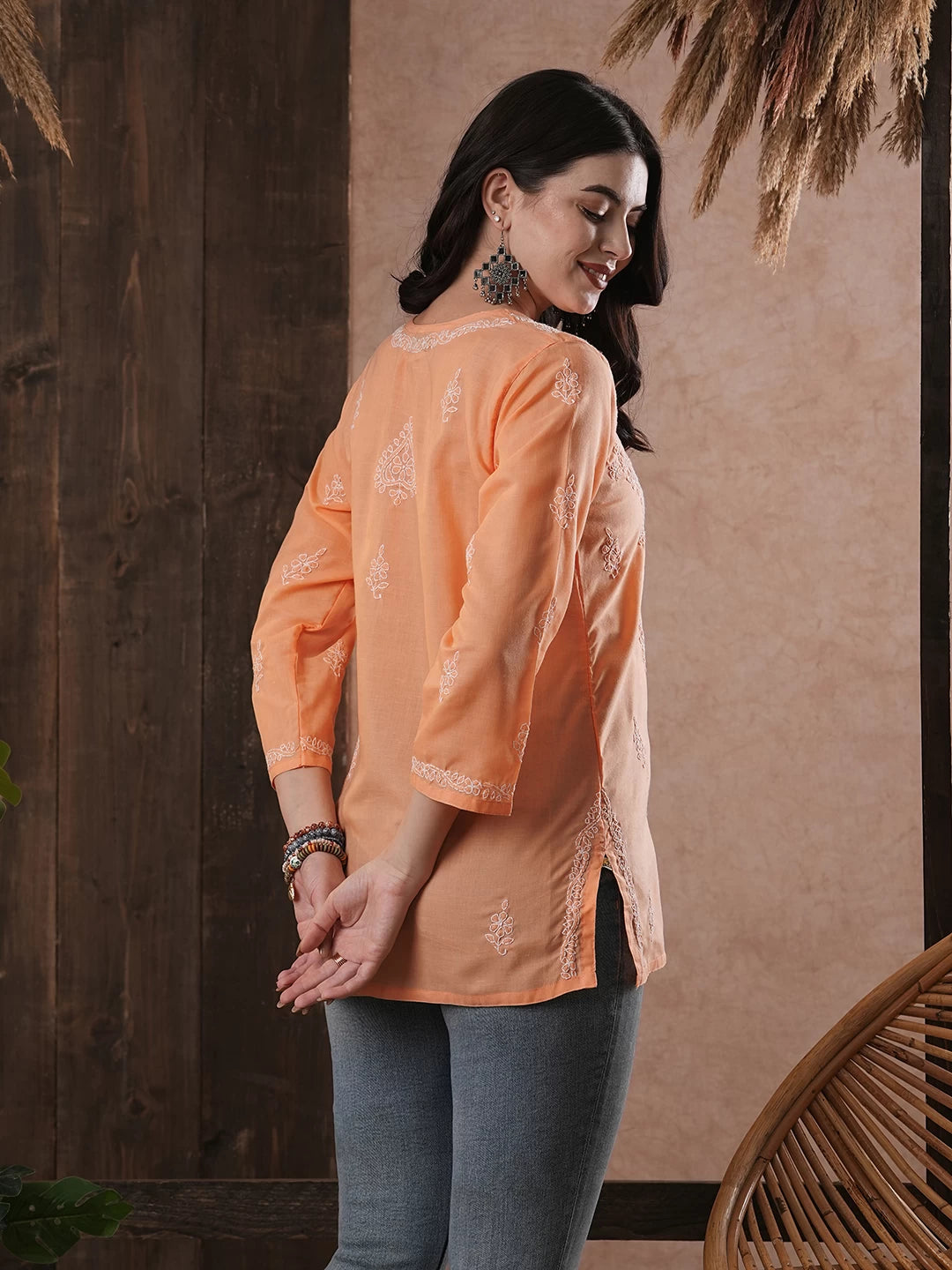 Ada Hand Embroidered Salmon Peach Cotton Lucknowi Chikankari Short Kurti A510184