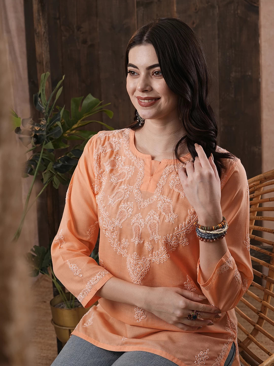 Ada Hand Embroidered Salmon Peach Cotton Lucknowi Chikankari Short Kurti A510184