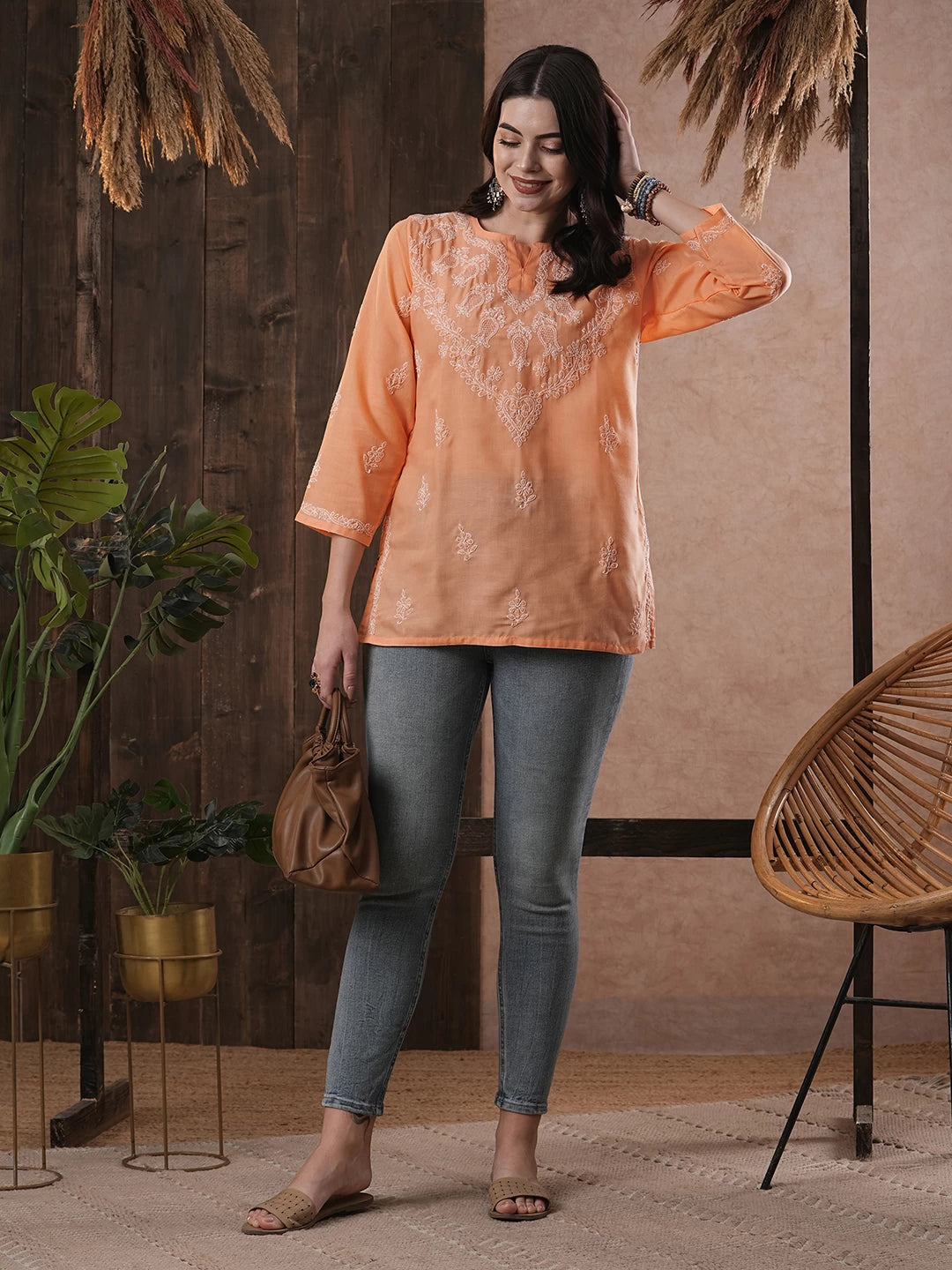 Ada Hand Embroidered Salmon Peach Cotton Lucknowi Chikankari Short Kurti A510184