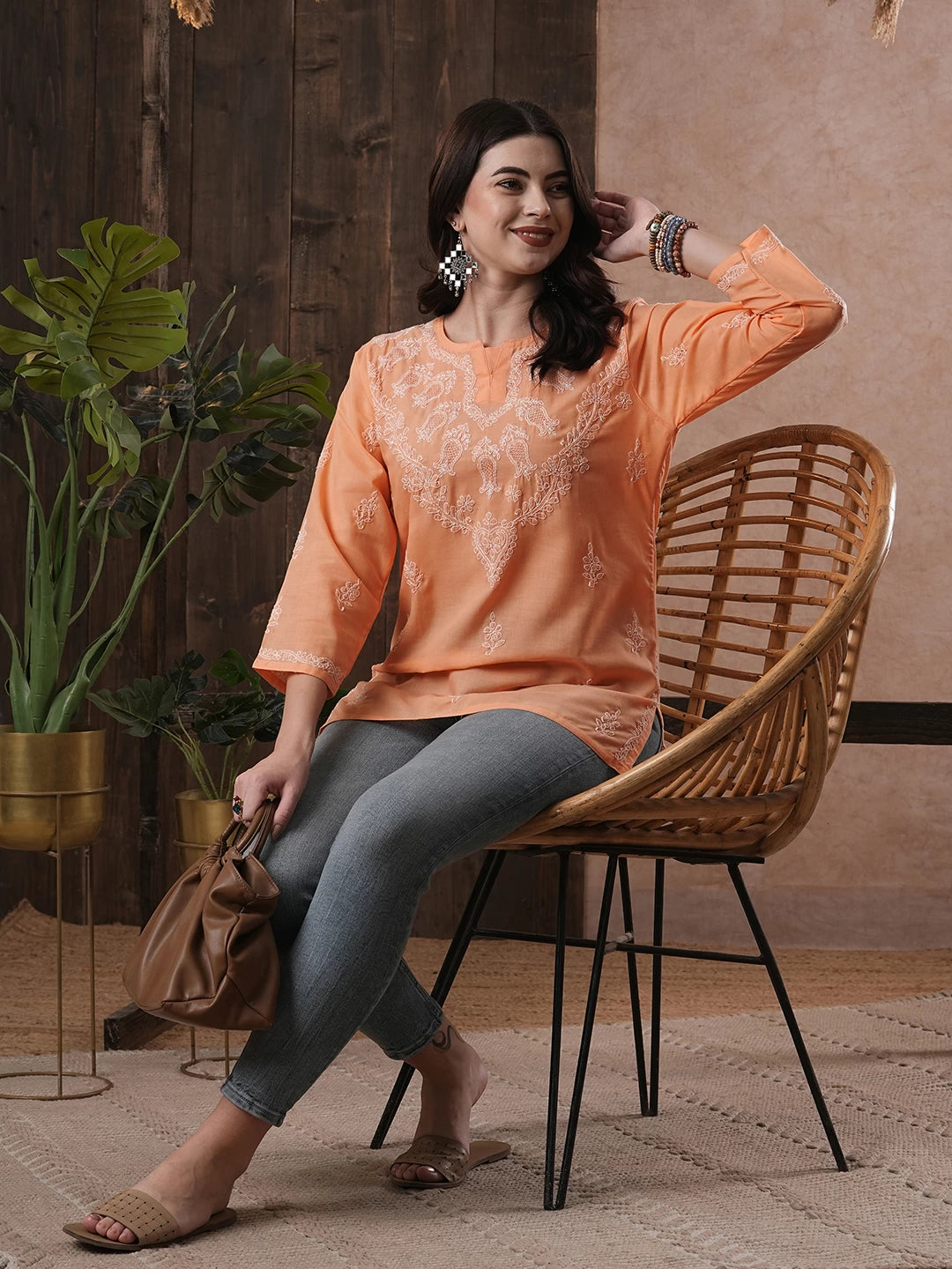 Ada Hand Embroidered Salmon Peach Cotton Lucknowi Chikankari Short Kurti A510184