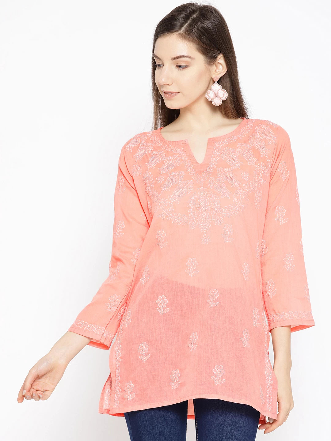Ada Hand Embroidered Coral Peach Cotton Lucknow Chikan Top- A534596
