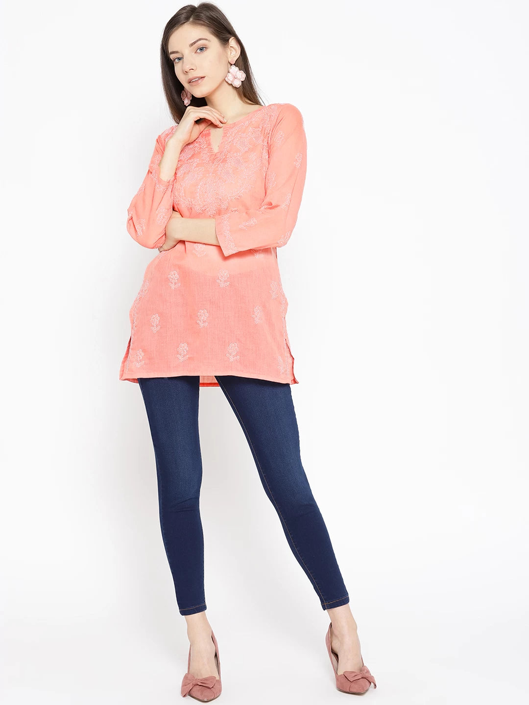 Ada Hand Embroidered Coral Peach Cotton Lucknow Chikan Top- A534596