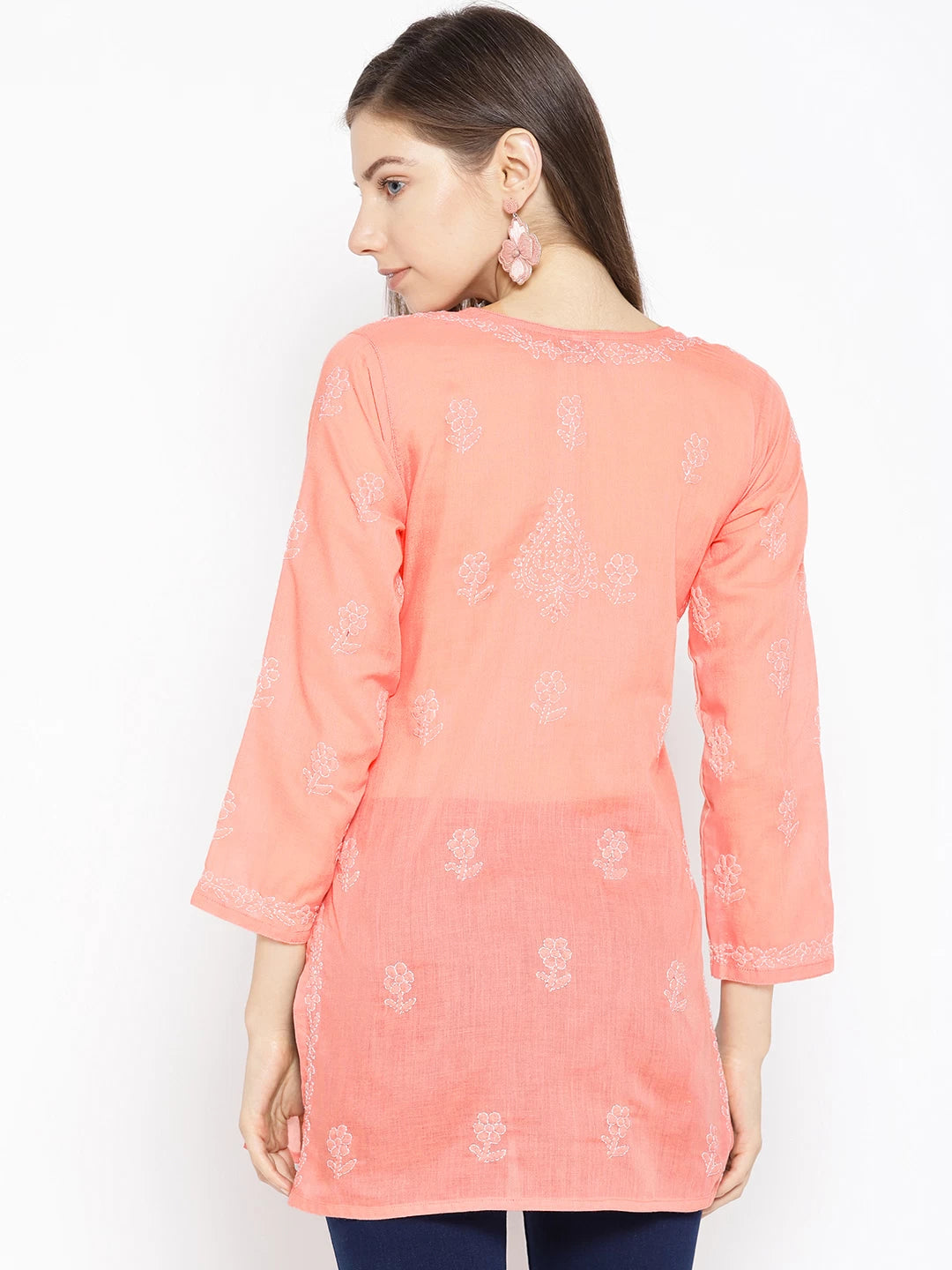 Ada Hand Embroidered Coral Peach Cotton Lucknow Chikan Top- A534596