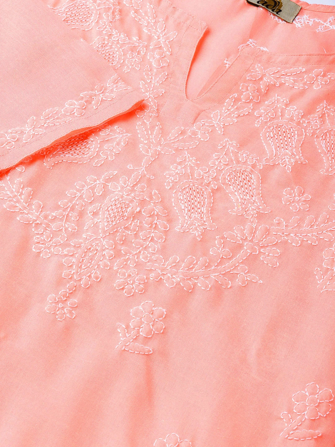 Ada Hand Embroidered Coral Peach Cotton Lucknow Chikan Top- A534596