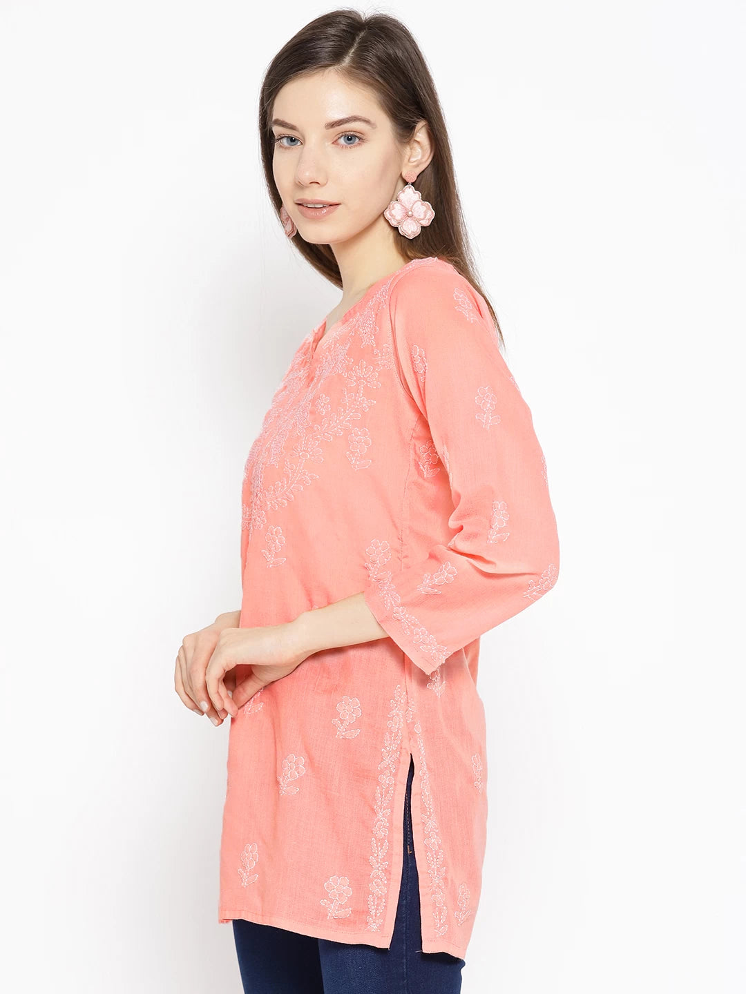 Ada Hand Embroidered Coral Peach Cotton Lucknow Chikan Top- A534596