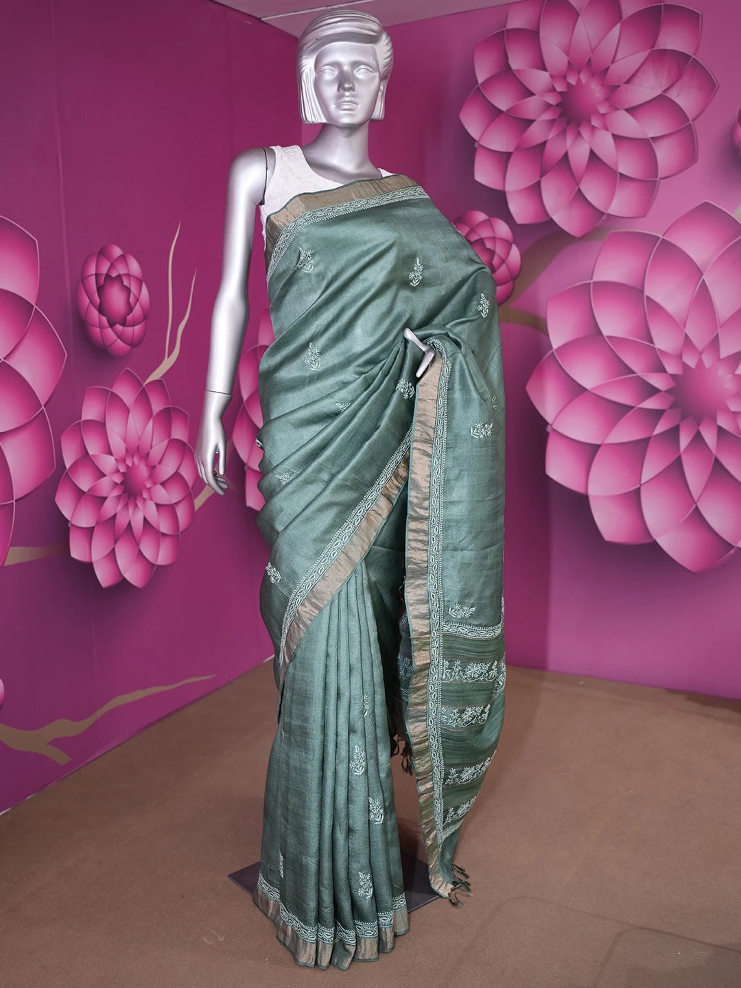 Ada Hand Embroidered Pine Green Silk Lucknowi Chikankari Saree with Blouse 01A470281