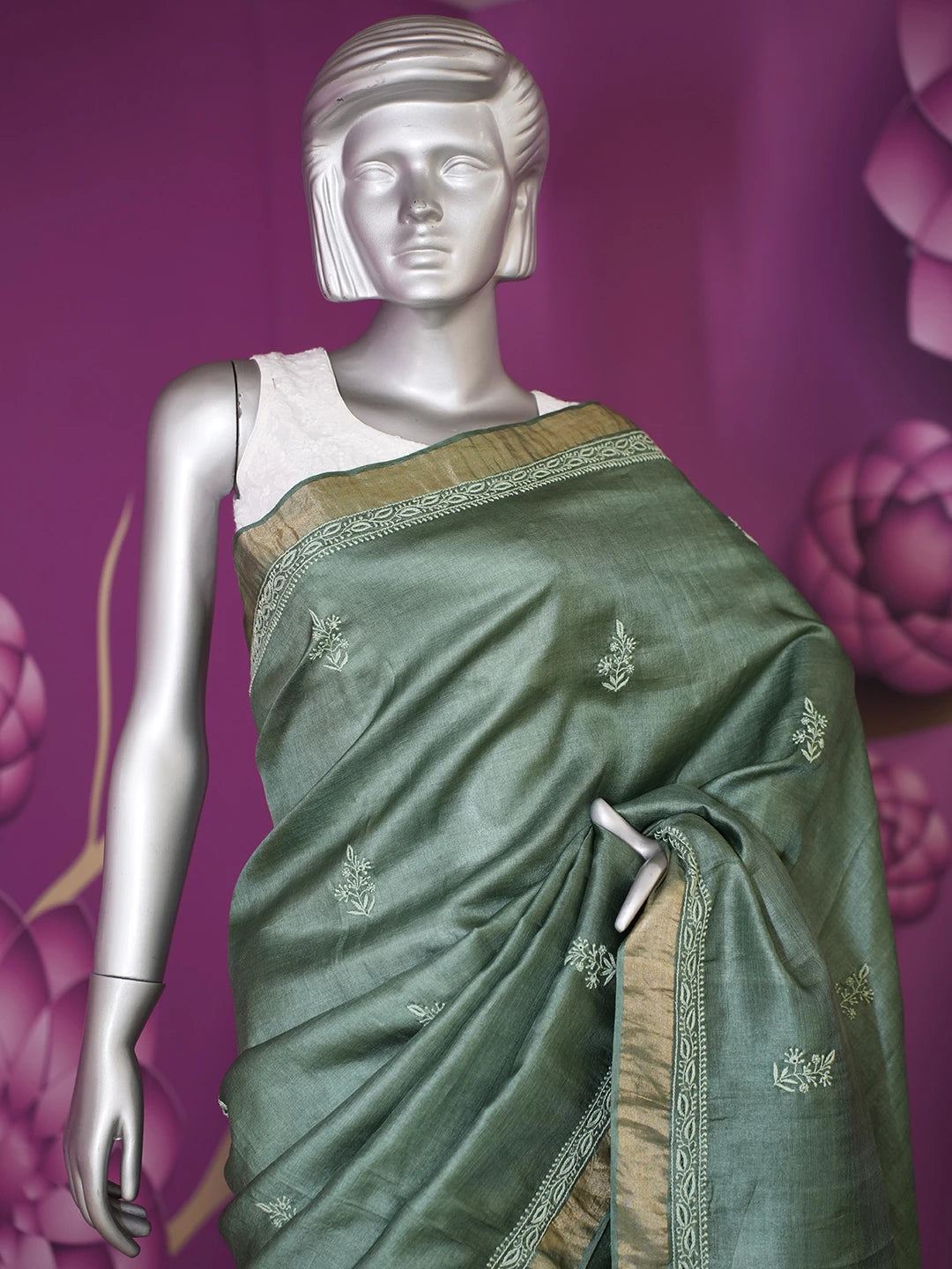 Ada Hand Embroidered Pine Green Silk Lucknowi Chikankari Saree with Blouse 01A470281