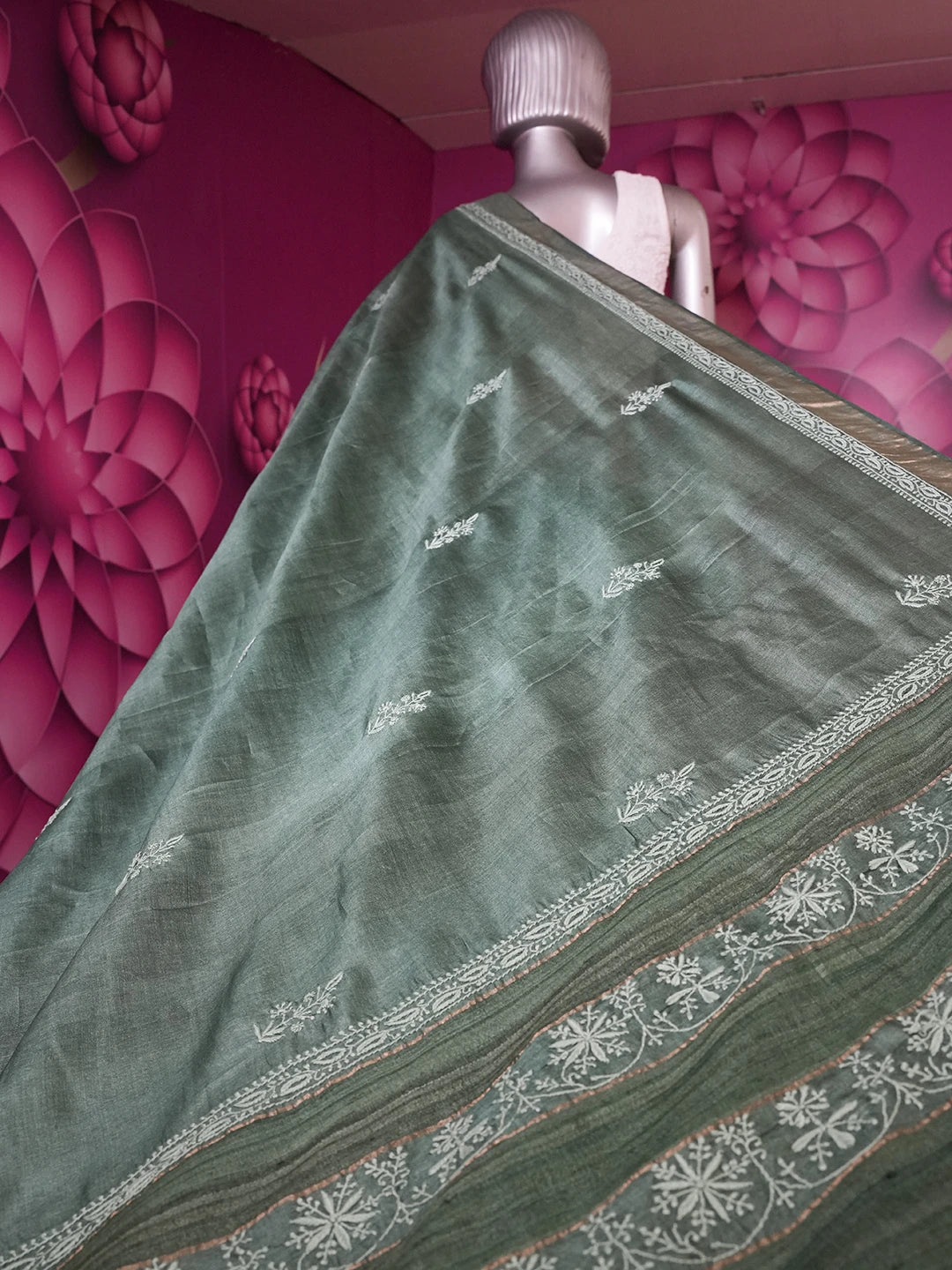 Ada Hand Embroidered Pine Green Silk Lucknowi Chikankari Saree with Blouse 01A470281