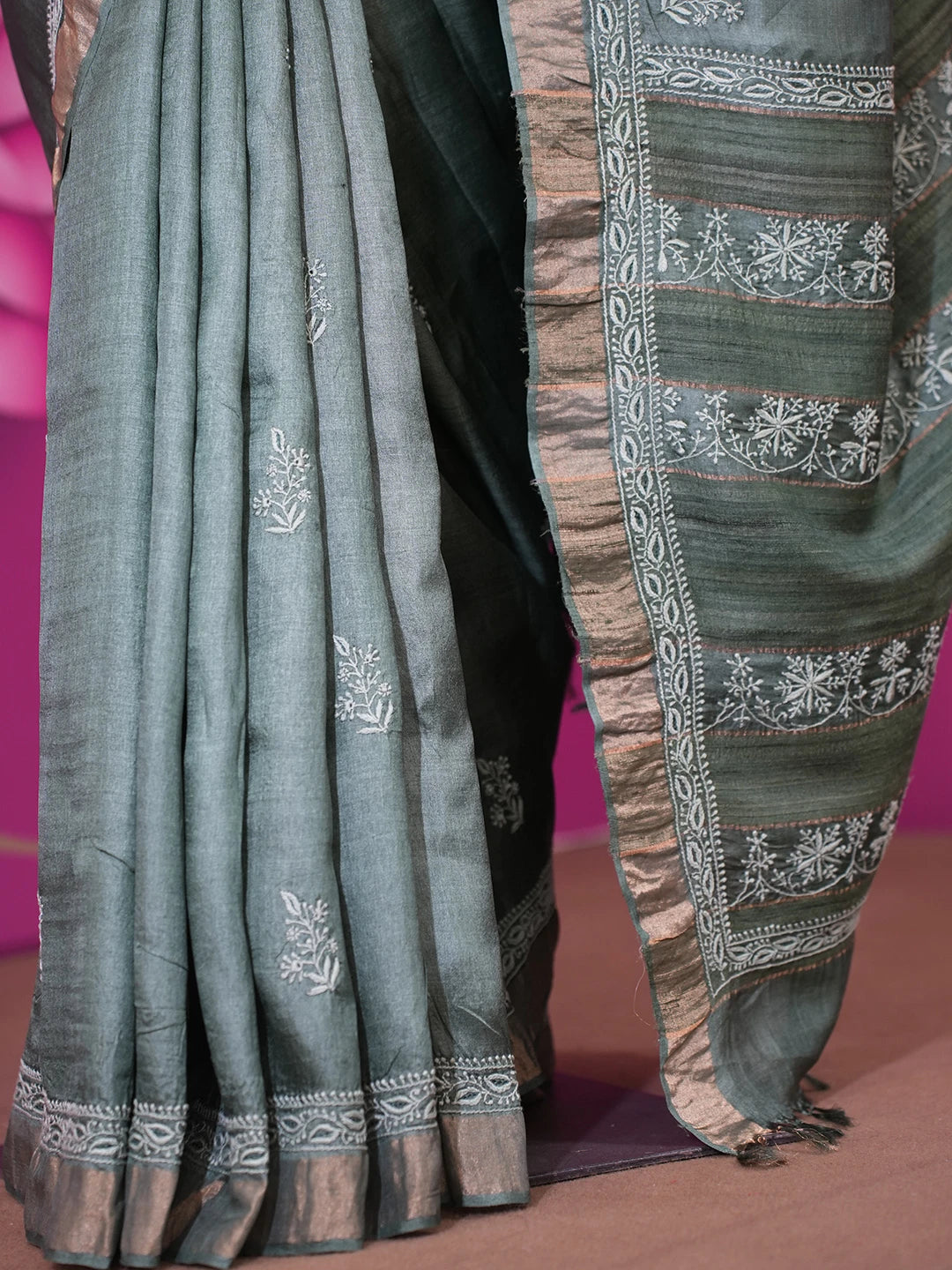 Ada Hand Embroidered Pine Green Silk Lucknowi Chikankari Saree with Blouse 01A470281